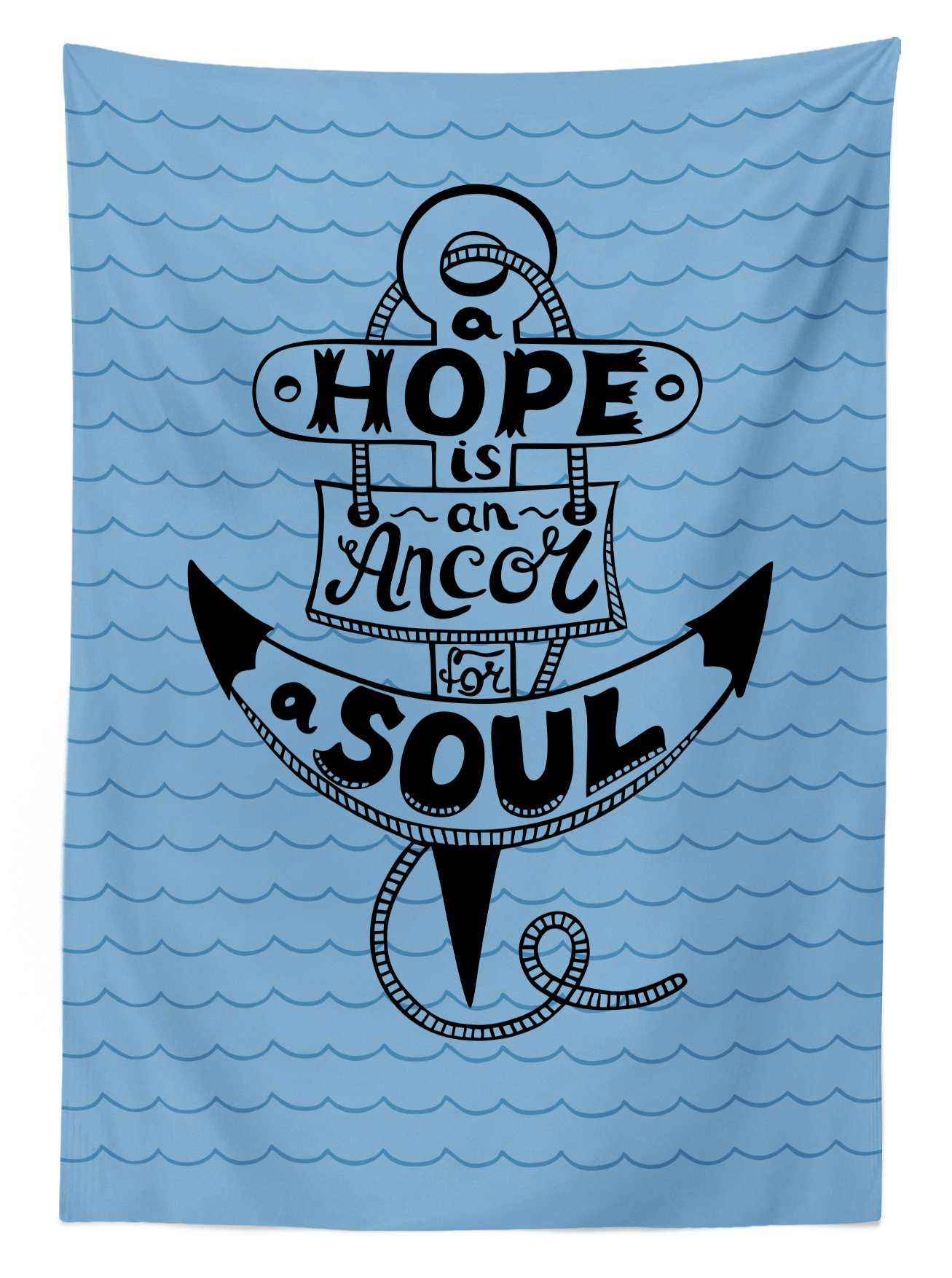 Ambesonne Hope Waterproof Outdoor Tablecloth - Hand Drawn Anchor & Marine Design with Inspirational Words on Wavy Sea Pattern, 58x84 Inch Washable Picnic Table Cover in Black & Blue | Perfect for Beach Parties, Backyard BBQs and Nautical-Themed Events
