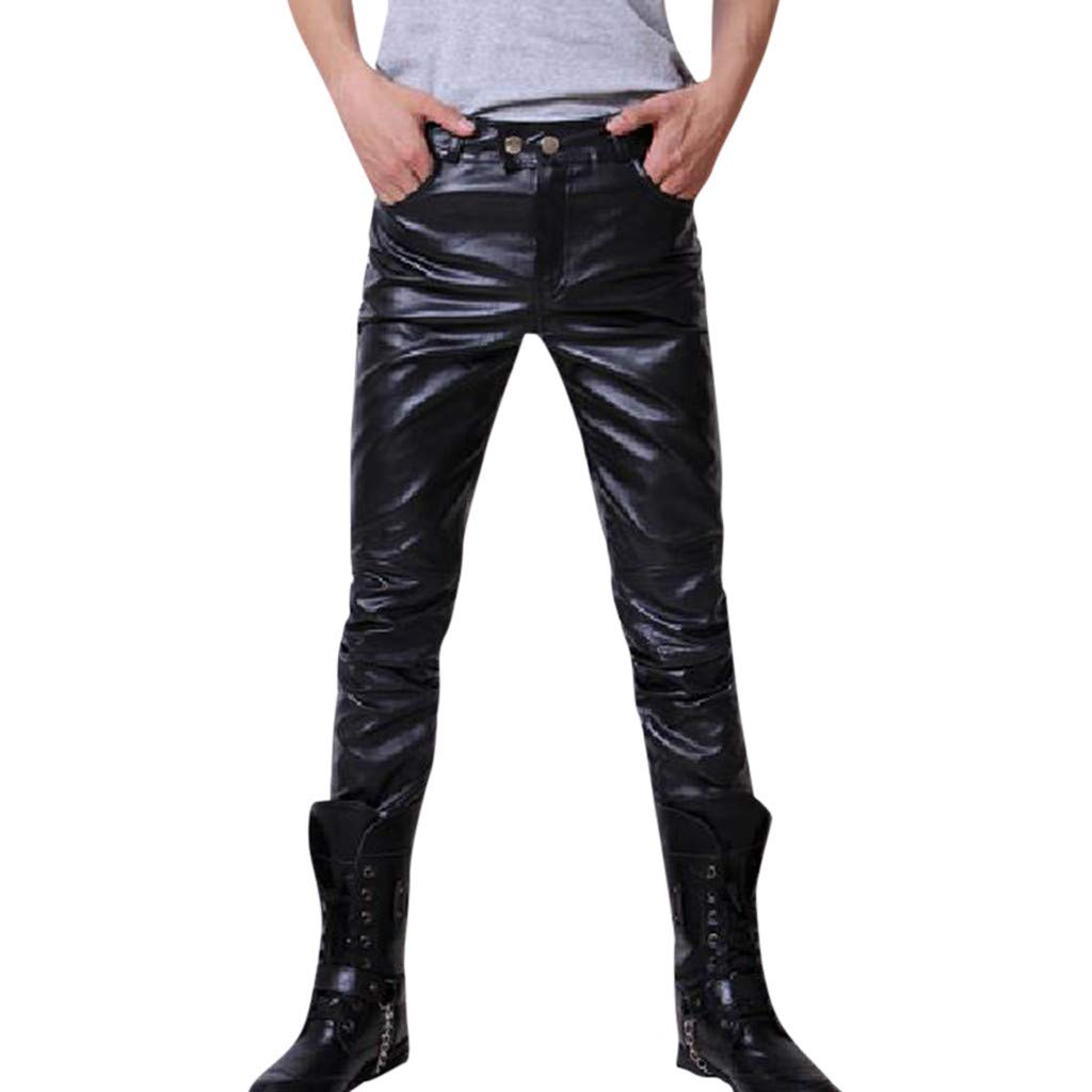 CLEEYYS Men's Slim Fit Skinny Pants - Fashionable Moto Biker Leather Pants for Autumn & Winter - Black Stretchable Slacks for Casual Wear, Night Out & Motorcycle Riding