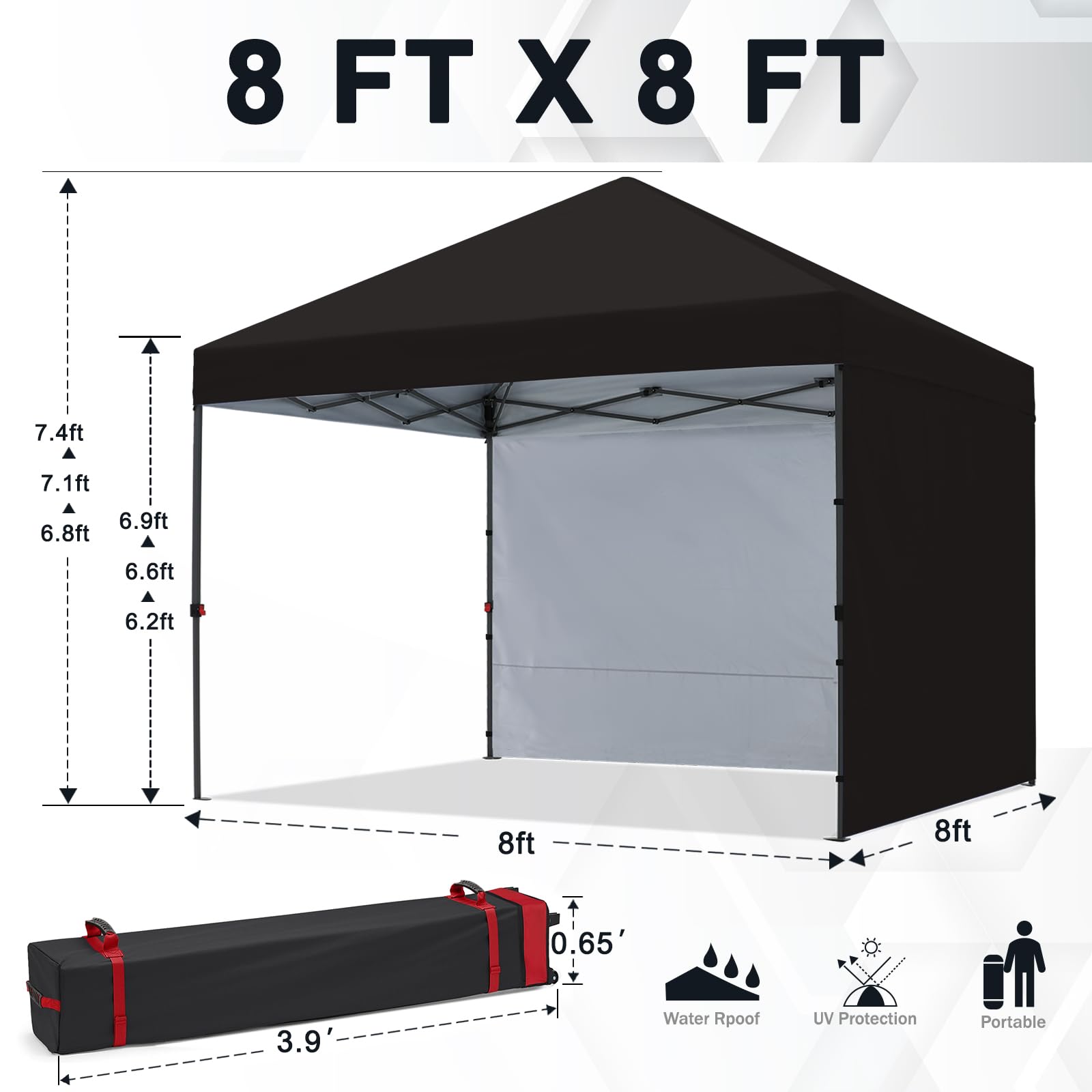 COOSHADE 8x8 Pop Up Canopy Tent with 2 Sidewalls - Instant Outdoor Shade Shelter for Camping, Beach, Picnics & Backyard Parties (Black)