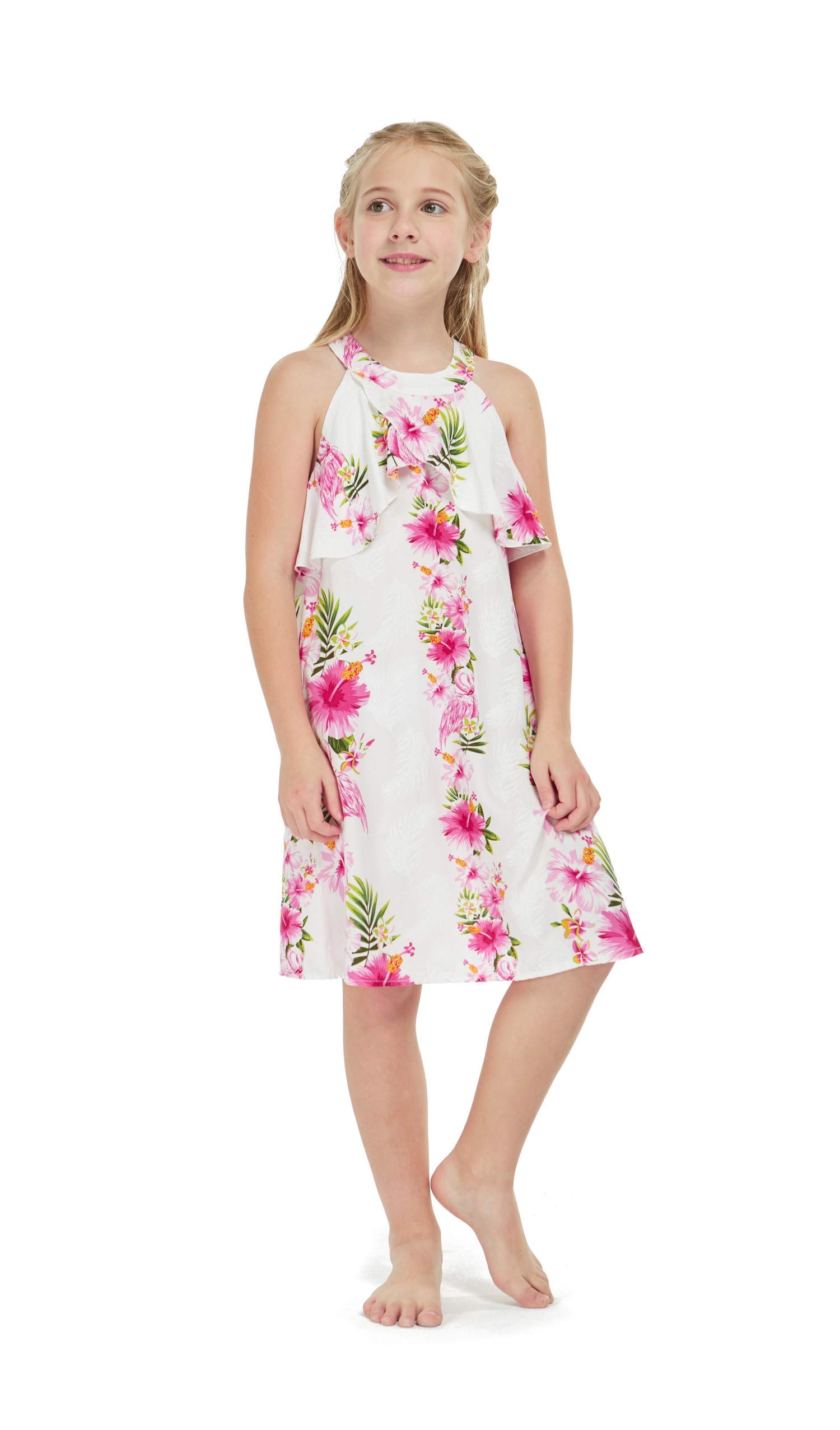 Hawaiian Luau Matching Outfit Set - Pink & White Hibiscus Vine Mother Daughter Pants and Ruffle Dress for Beach Party, Family Vacation & Tropical Photo Shoots