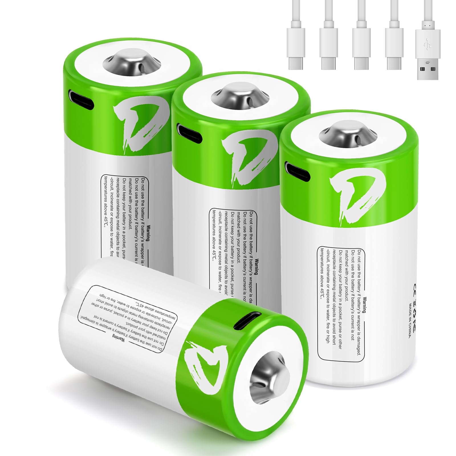 Rechargeable D Batteries 4 Pack - 1.5V LR20 Lithium Ion D Cell Batteries with USB-C Charging Cable (7500mWh) - Long Lasting Power for Flashlights, Lanterns, Toys & More - Perfect for Emergency Kits, Camping Gear & Home Electronics