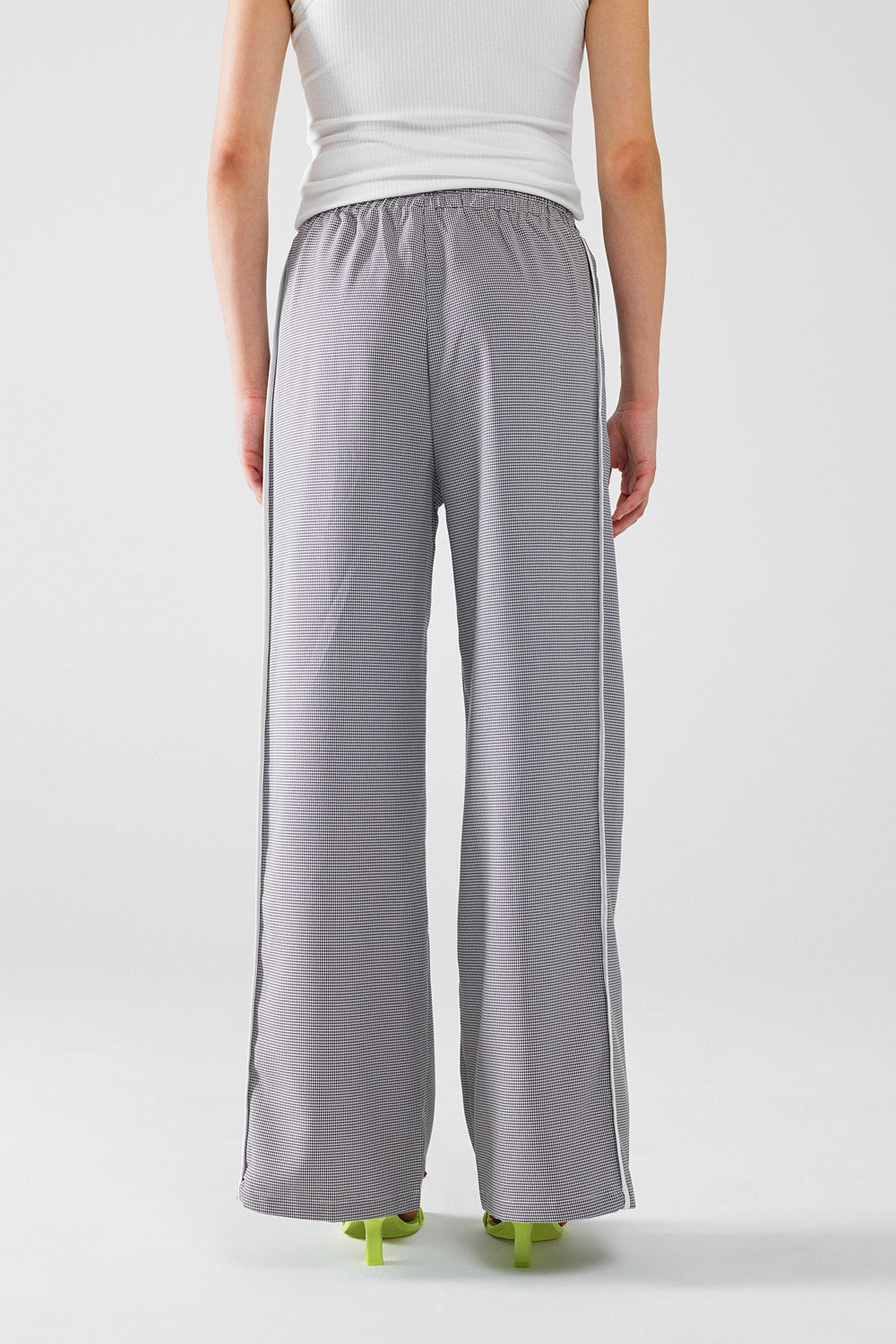 Black and White Vichy Palazzo Pants with Drawstring Waist - Comfortable Wide Leg Trousers for Women, Perfect for Casual Wear, Office, and Summer Outfits