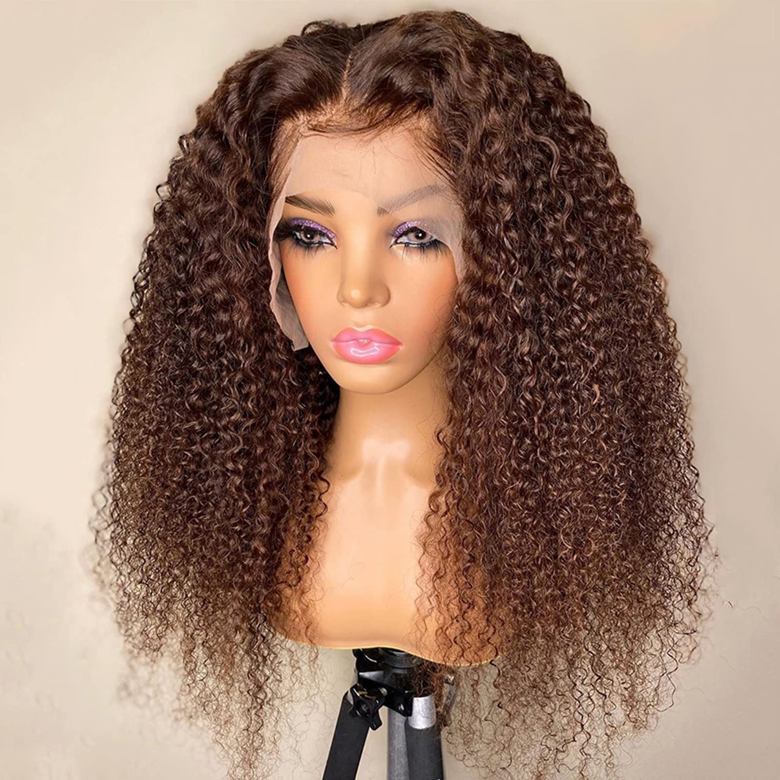 Imeya Kinky Curly Human Hair Wig - Chestnut Brown 16 Inch Lace Front Wig with 150% Density, 13x6 HD Transparent Lace, Pre-Plucked Middle Part, Glueless Design for Black Women | Perfect for Daily Wear, Cosplay, Parties & Special Occasions