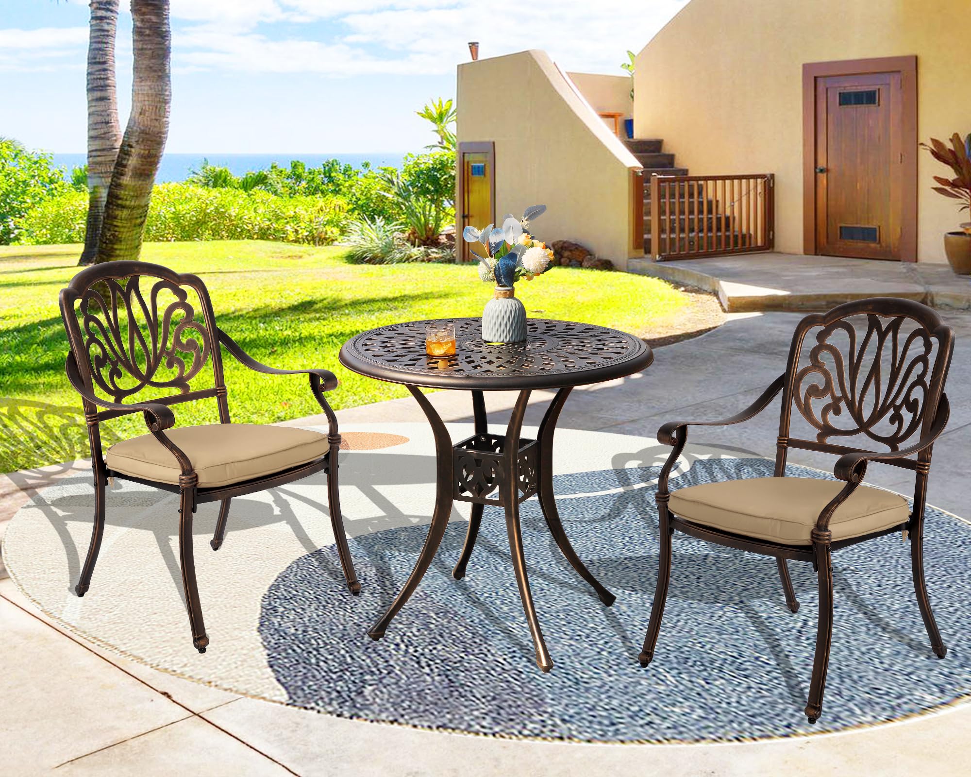 TITIMO 3-Piece Cast Aluminum Patio Dining Set - Outdoor Bistro Table & Chairs with Cushions, All-Weather Garden Furniture with Umbrella Hole for Backyard, Deck, Poolside (Khaki) - Perfect for Outdoor Entertaining & Relaxation