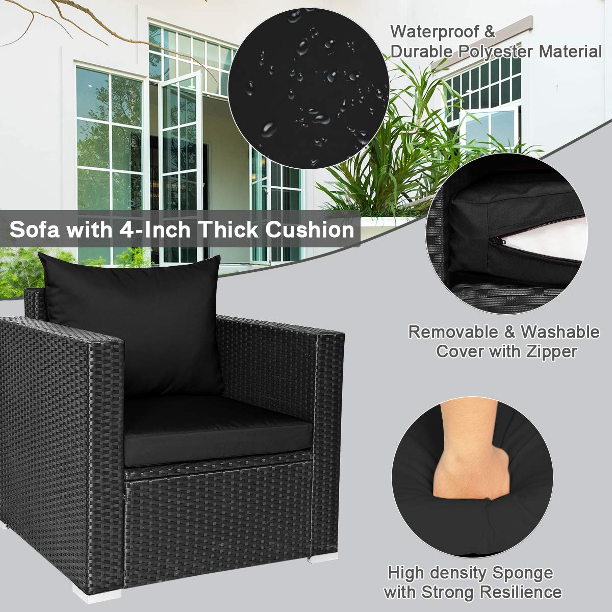 HappyGrill 4-Piece Outdoor Patio Conversation Set - Rattan Wicker Sofa with Tempered Glass Table & Removable Cushions - Perfect for Garden, Backyard, Poolside, and Outdoor Relaxation