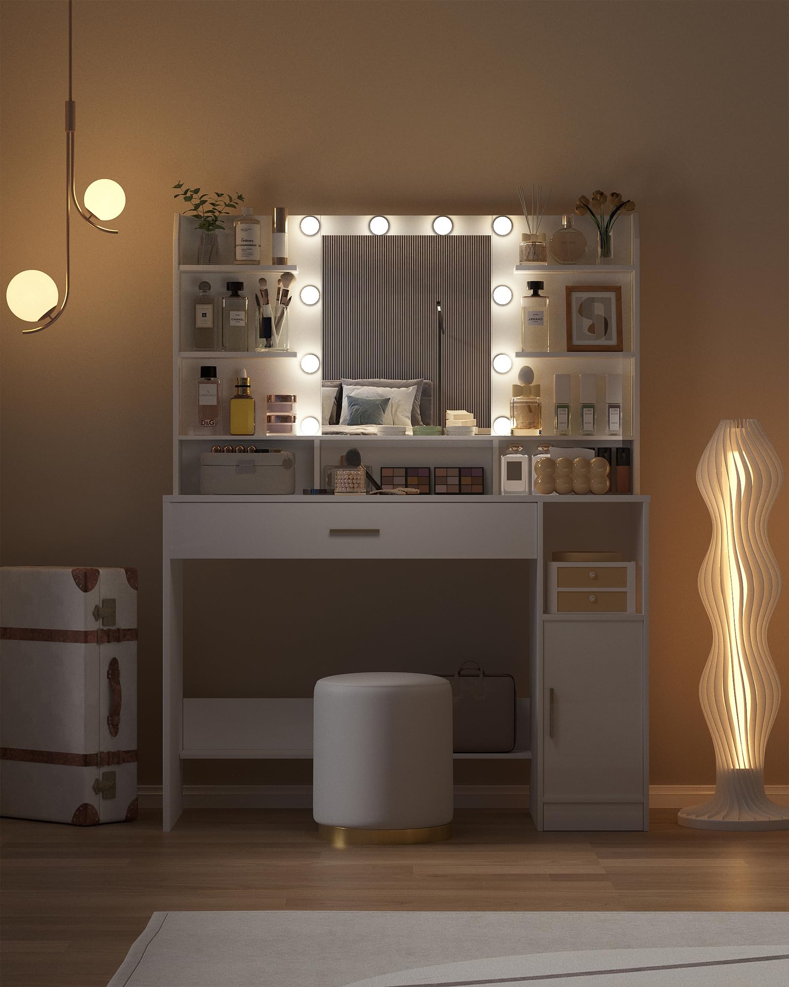 Vanity Desk with Mirror & 10 LED Lights - 3-Level Adjustable Brightness, Makeup Dressing Table with Hidden/Open Shelves & Oversized Drawers - Perfect for Bedroom, Dorm, Apartment (White)