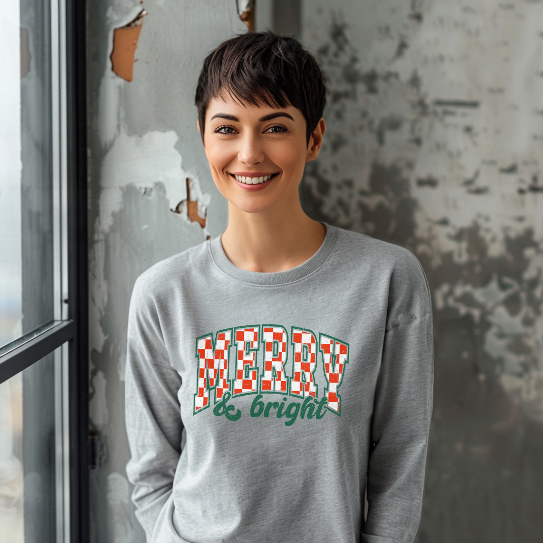 Merry and Bright Graphic Long Sleeve T-Shirt for Women - Festive Holiday Christmas Party Outfit
