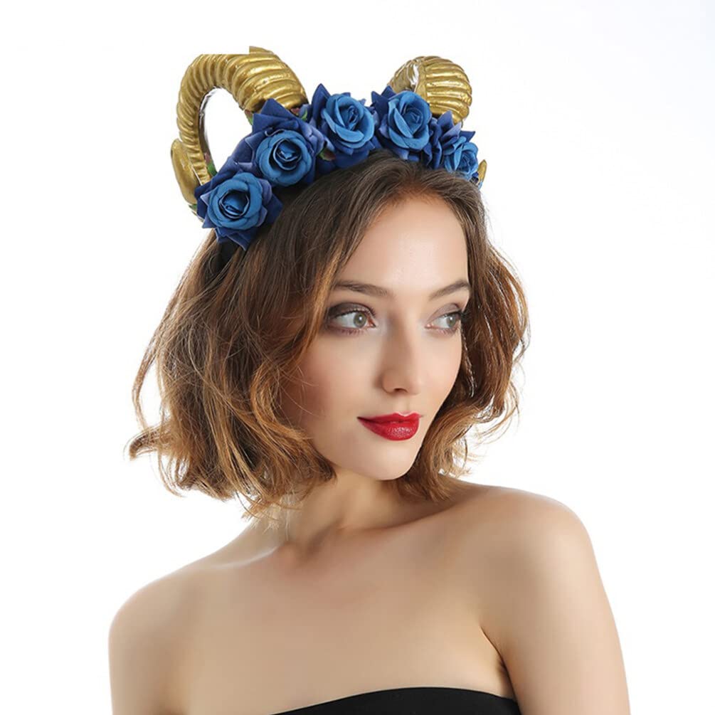 Beaupretty Blue Rose Ox Horn Headband - Halloween Cosplay Headpiece for Women, Costume Accessory for Bull Horn Headdress, Masquerade Party & Cosplay Events | Perfect for Halloween, Themed Parties & Costume Contests