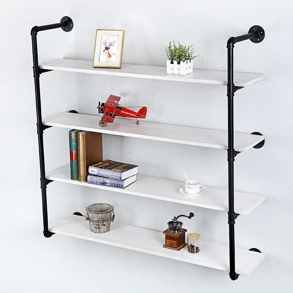Industrial Pipe Shelving Wall Mounted - 48 Inch Rustic Metal Floating Shelves with Real Wood, Steampunk Style Bookshelves for Farmhouse & Kitchen Decor (4 Tier) - Perfect for Books, Plants, Barware & Home Organization