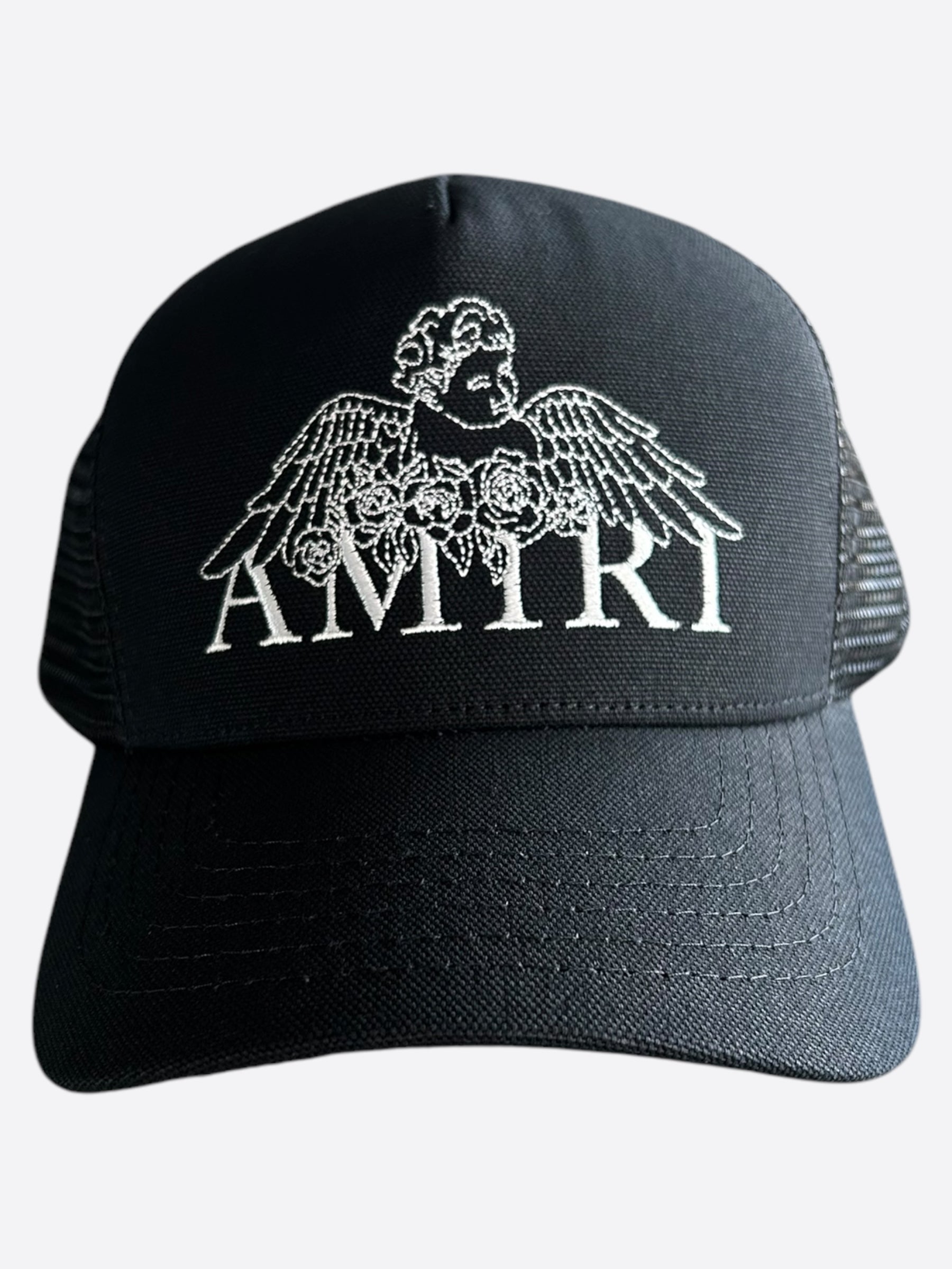 Amiri Black & White Cherub Trucker Hat - Stylish Vintage Baseball Cap for Men & Women - Perfect for Streetwear, Concerts, and Outdoor Activities
