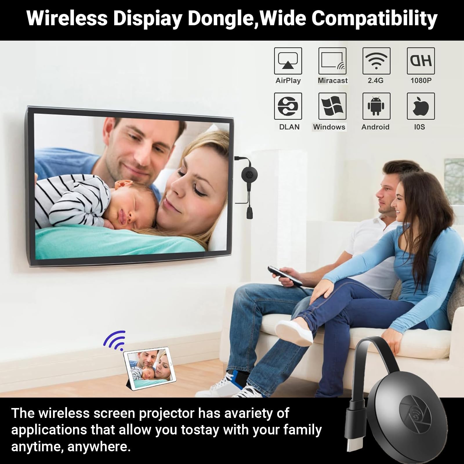 4K Wireless HDMI Dongle - 1080P Dual H.265/HEVC Decoder for Android/iOS/Windows/Mac/Projector | DLNA/AirMirror/AirPlay/Miracast Support | Perfect for Home Theater, Office Presentations & Gaming Streaming