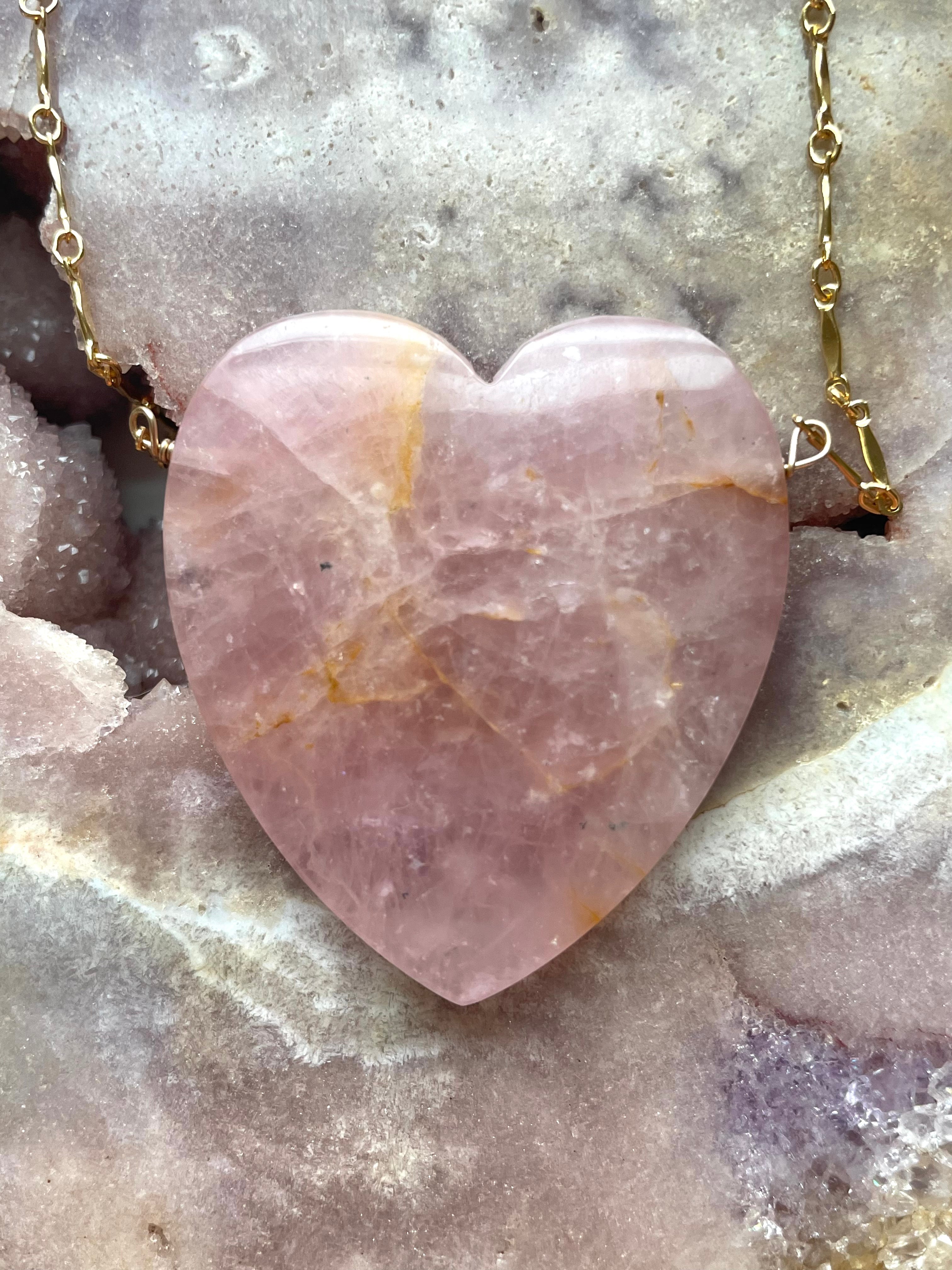 Large Rose Quartz Heart Pendant Statement Necklace - 14K Gold Filled Crystal Jewelry for Women, Gift for Her, Valentine's Day, Anniversary & Special Occasions