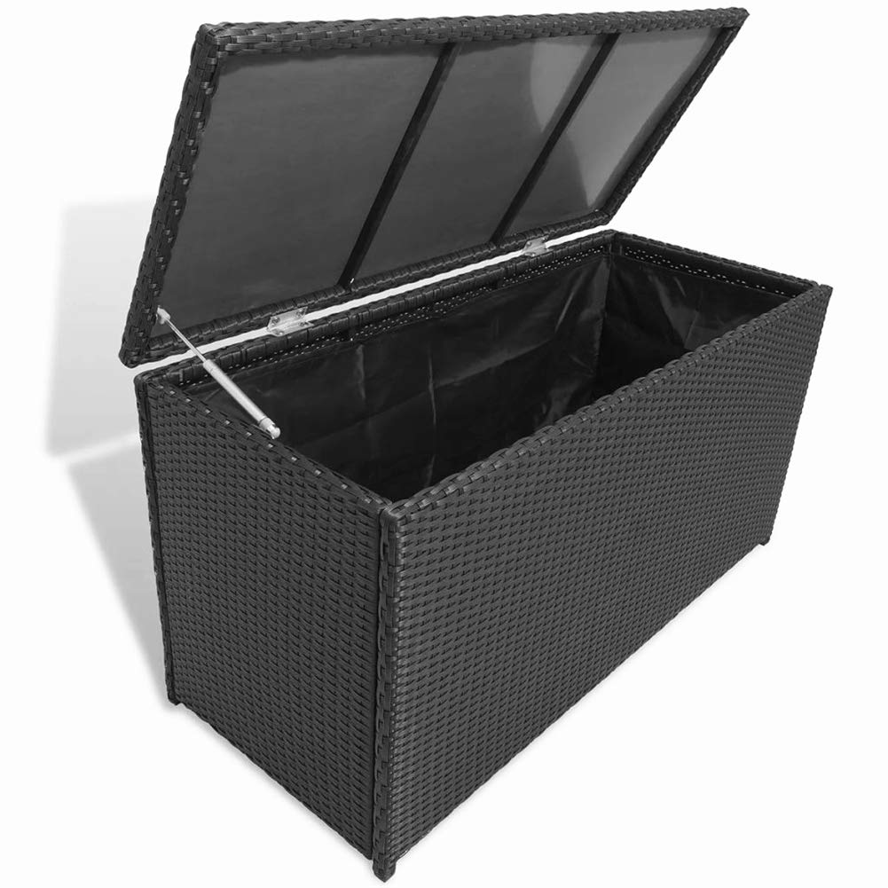 BLUECC Waterproof Outdoor Storage Box - Black Poly Rattan Garden Storage Chest for Patio, Deck, and Backyard Organization - Perfect for Cushions, Toys, and Gardening Tools