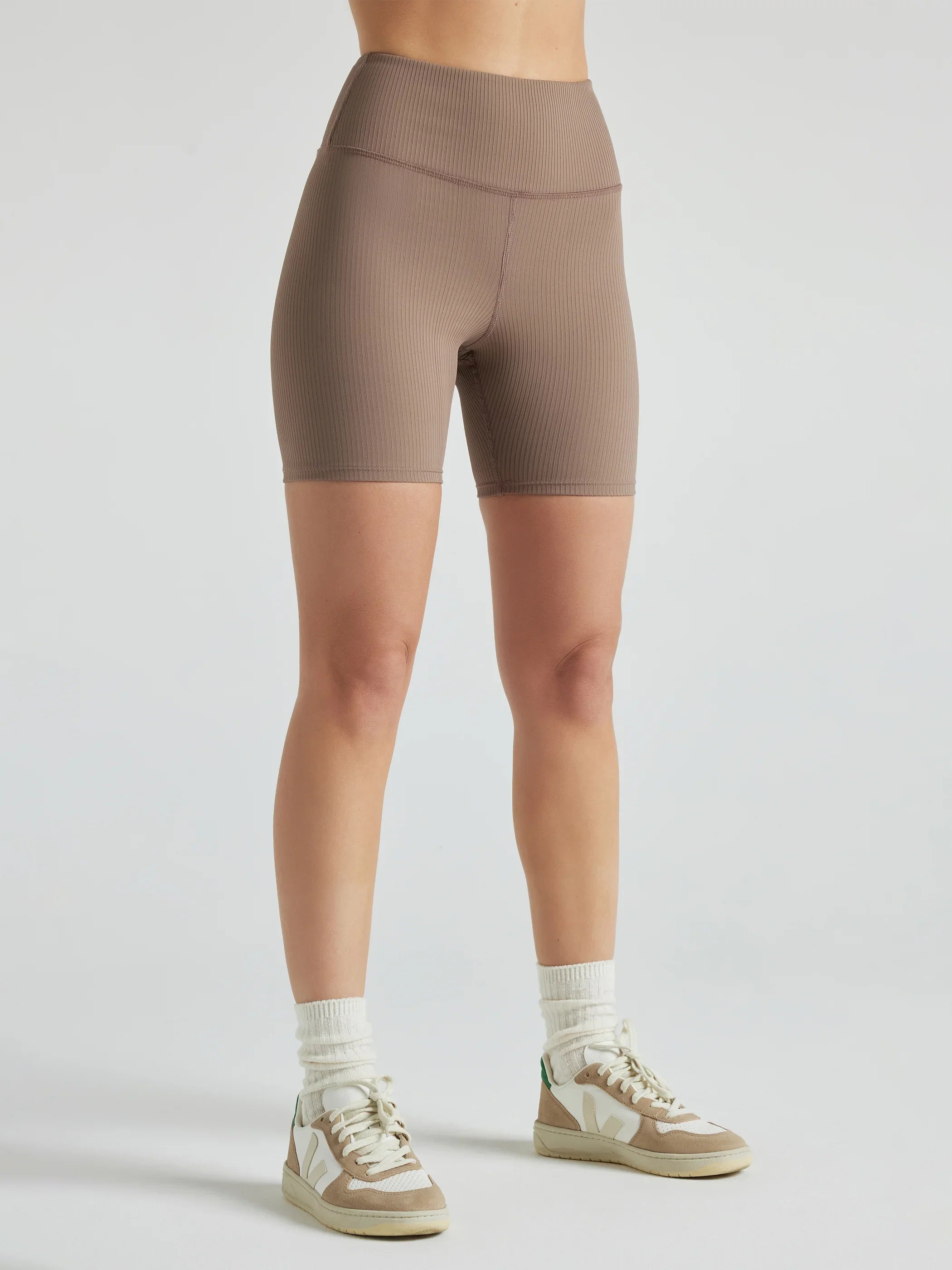 Renew High Waist Ribbed Biker Shorts for Women - Pine Bark Color - Comfortable & Stretchy Workout Shorts for Yoga, Running, Gym and Lounge Wear