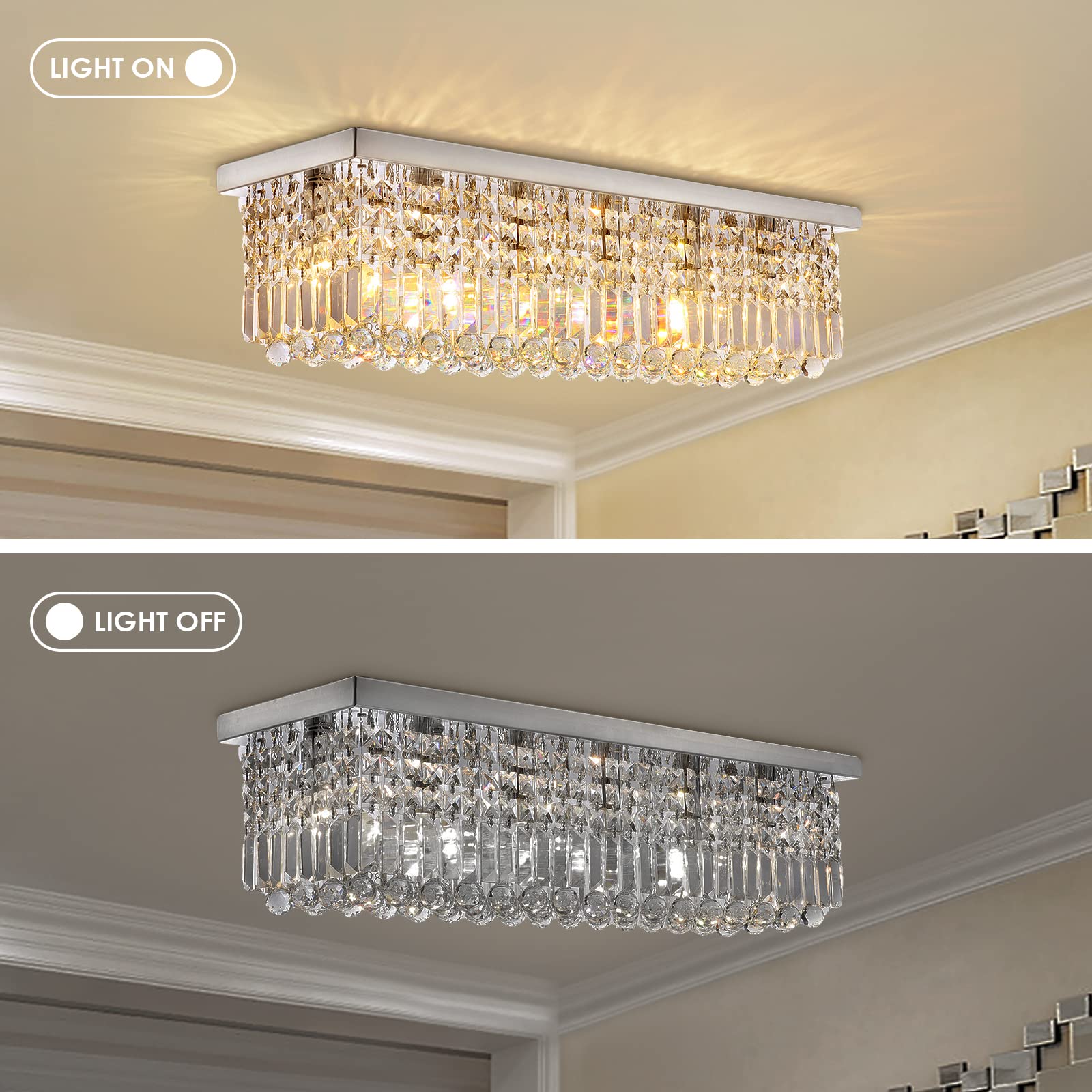 Siljoy Modern 6-Light Rectangular Crystal Chandelier - K9 Crystal Raindrop Flush Mount Ceiling Light Fixture (31.5