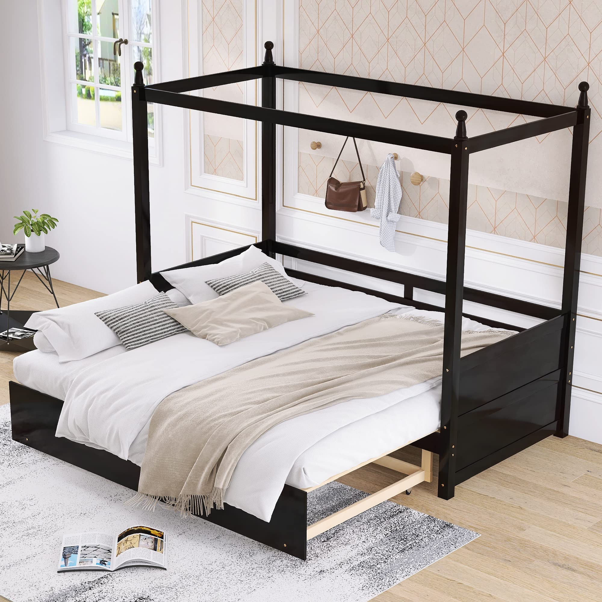 Twin Size Canopy Platform Bed Frame with Trundle - Solid Wood Four Poster Canopy Bed with Pull-Out Platform - Perfect for Kids & Teens Bedrooms, Guest Rooms & Small Spaces