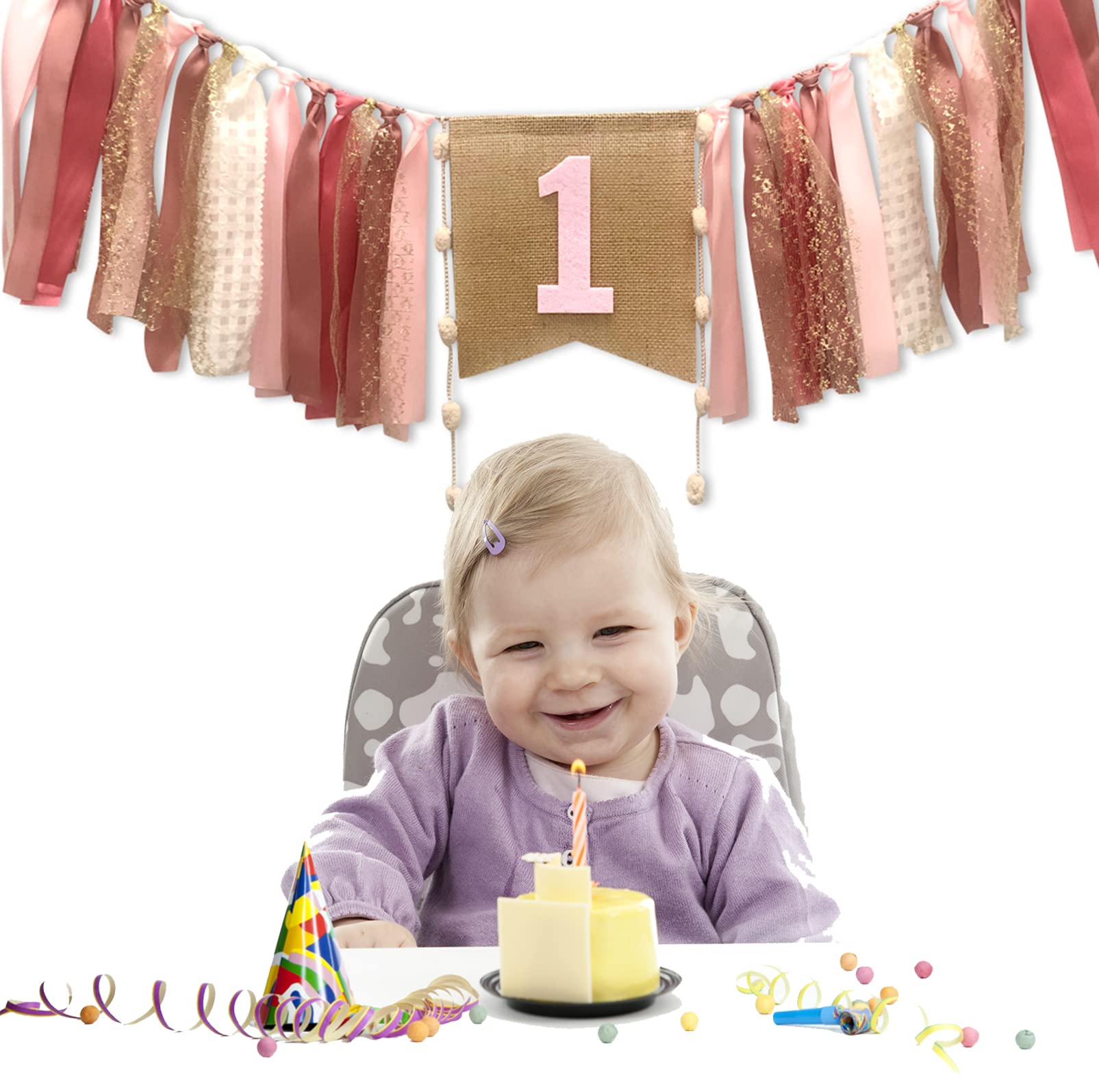 AULEGE 1st Birthday Banner for Baby - Coral Pink High Chair Banner & Party Theme Pull Flag - Perfect for Baby's First Birthday Party Decorations | Ideal for Cake Smash, Photo Backdrops & Celebration Decor