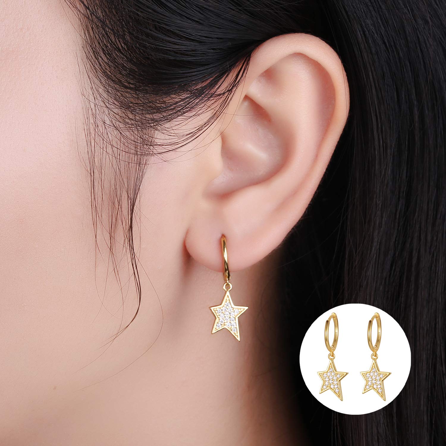 Dainty Hoop Dangle Earrings for Women - Sterling Silver Huggie Drop Earrings with Moon, Star, Spike & Evil Eye Charms | Perfect for Everyday Wear, Date Night & Gifts