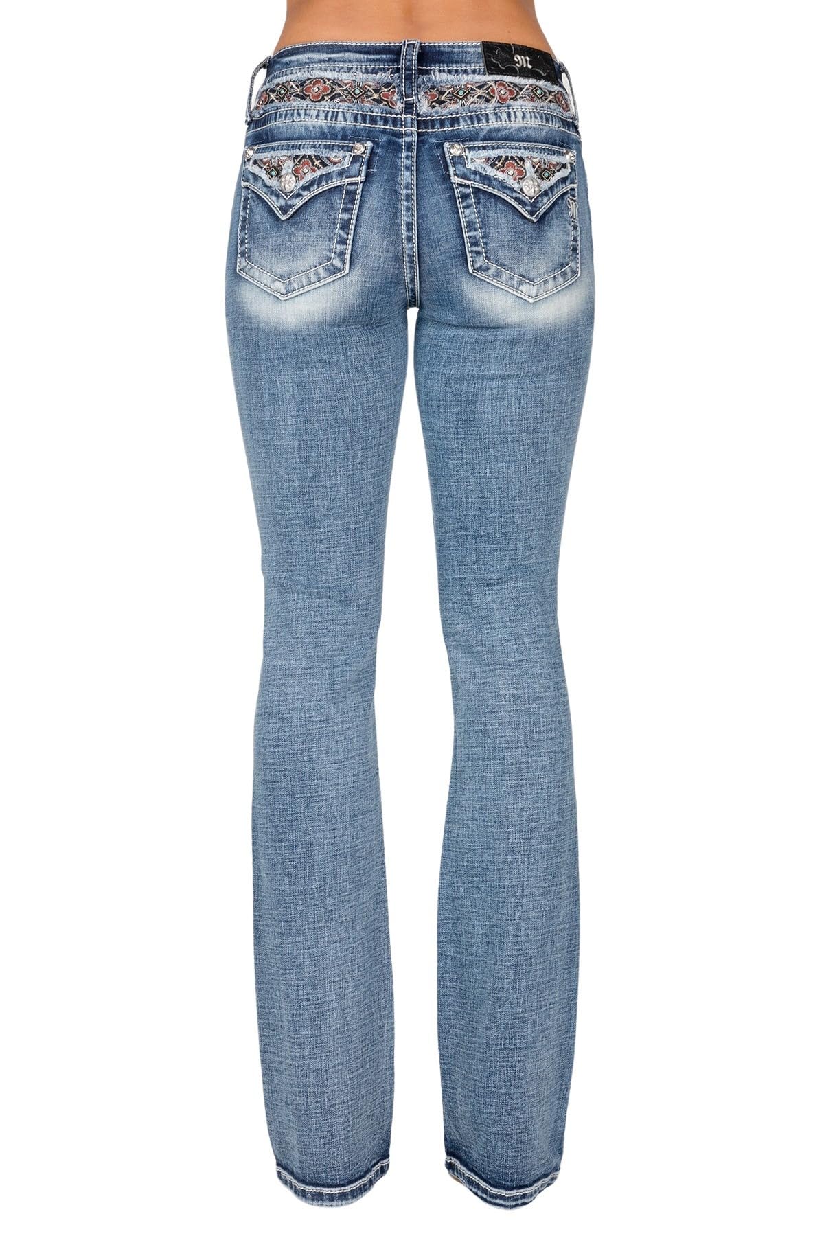Miss Me Women's Mid-Rise Bootcut Jeans - Floral Embroidered Stretch Denim with Faux Flap Pockets | Comfortable & Stylish for Casual Wear, Date Nights & Office Outfits