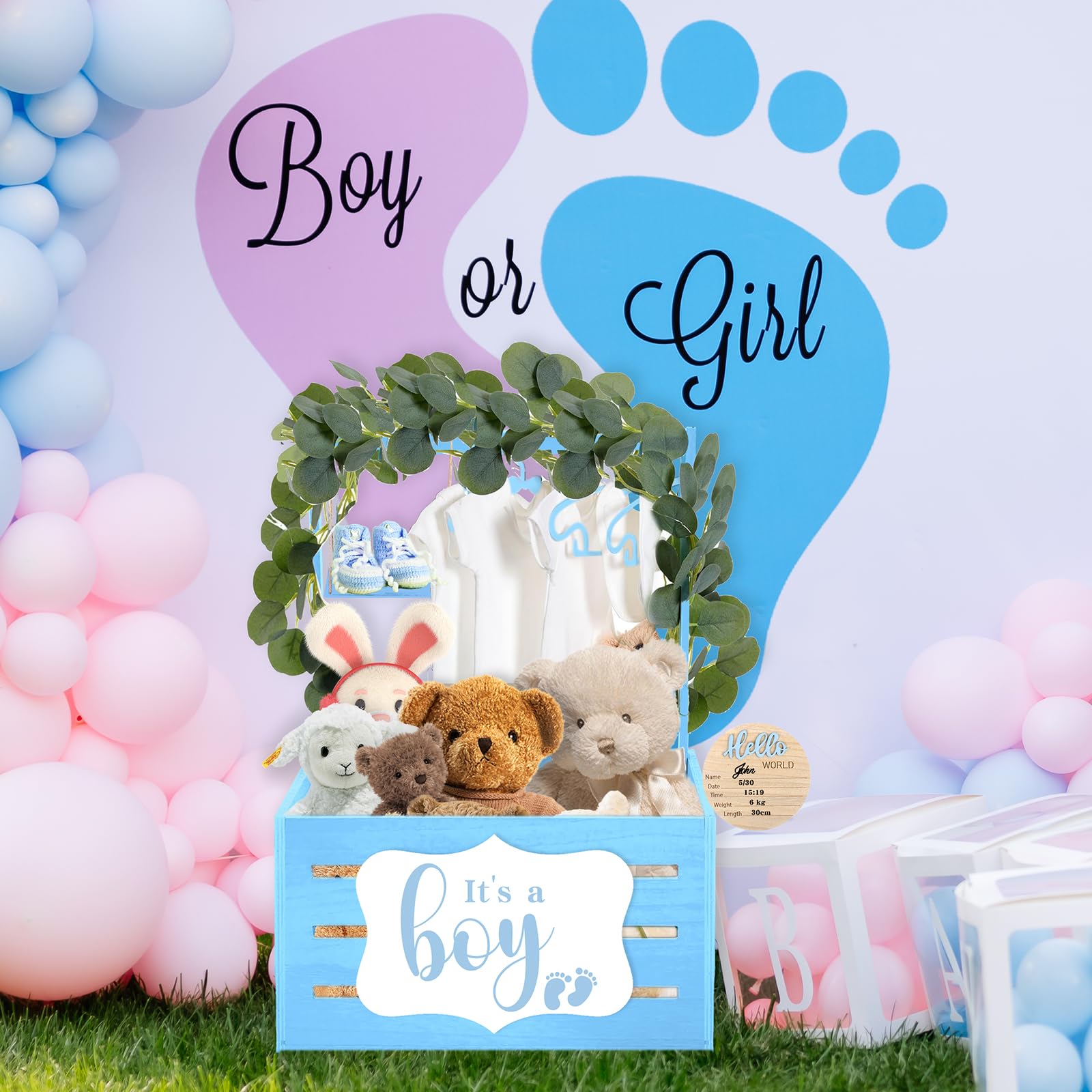 Tkifoda Wooden Baby Shower Gift Crate - Blue Storage Hamper with Handle & Clothes Hanger | Baby Shower Decor, Newborn Gift Basket for Girls | Perfect for Nursery Organization & Baby Shower Party Decorations
