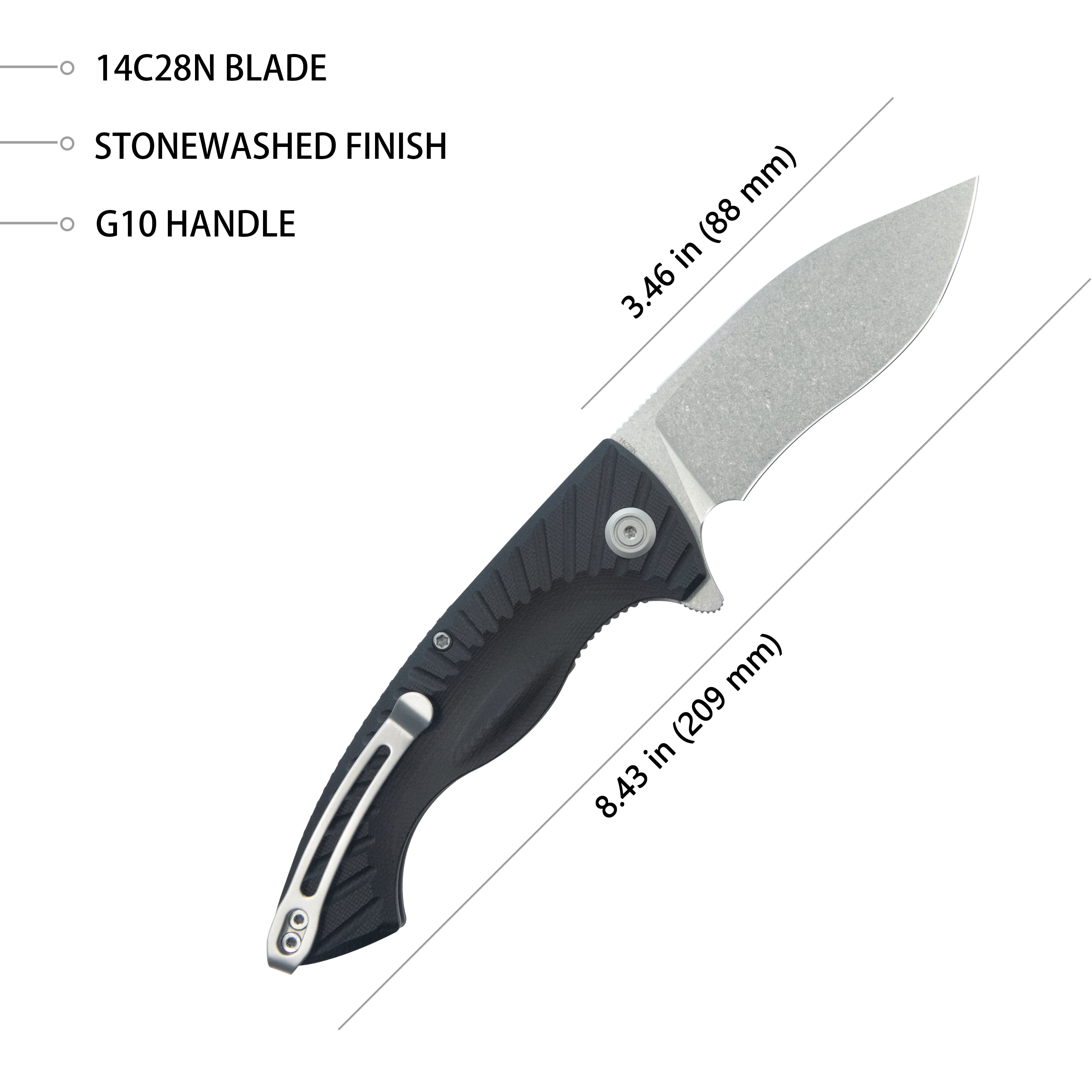 Kubey Timberwolf Flipper Outdoor Folding Knife - Black G10 Handle, 3.46