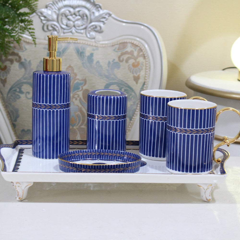Vintage Ceramic Bathroom Accessories Set - 6 Piece Blue Stripe Soap Dispenser, 2 Tumblers, Vanity Tray, Soap Dish & Toothbrush Holder - Elegant Home & Hotel Decor for Bathroom Vanity Organization