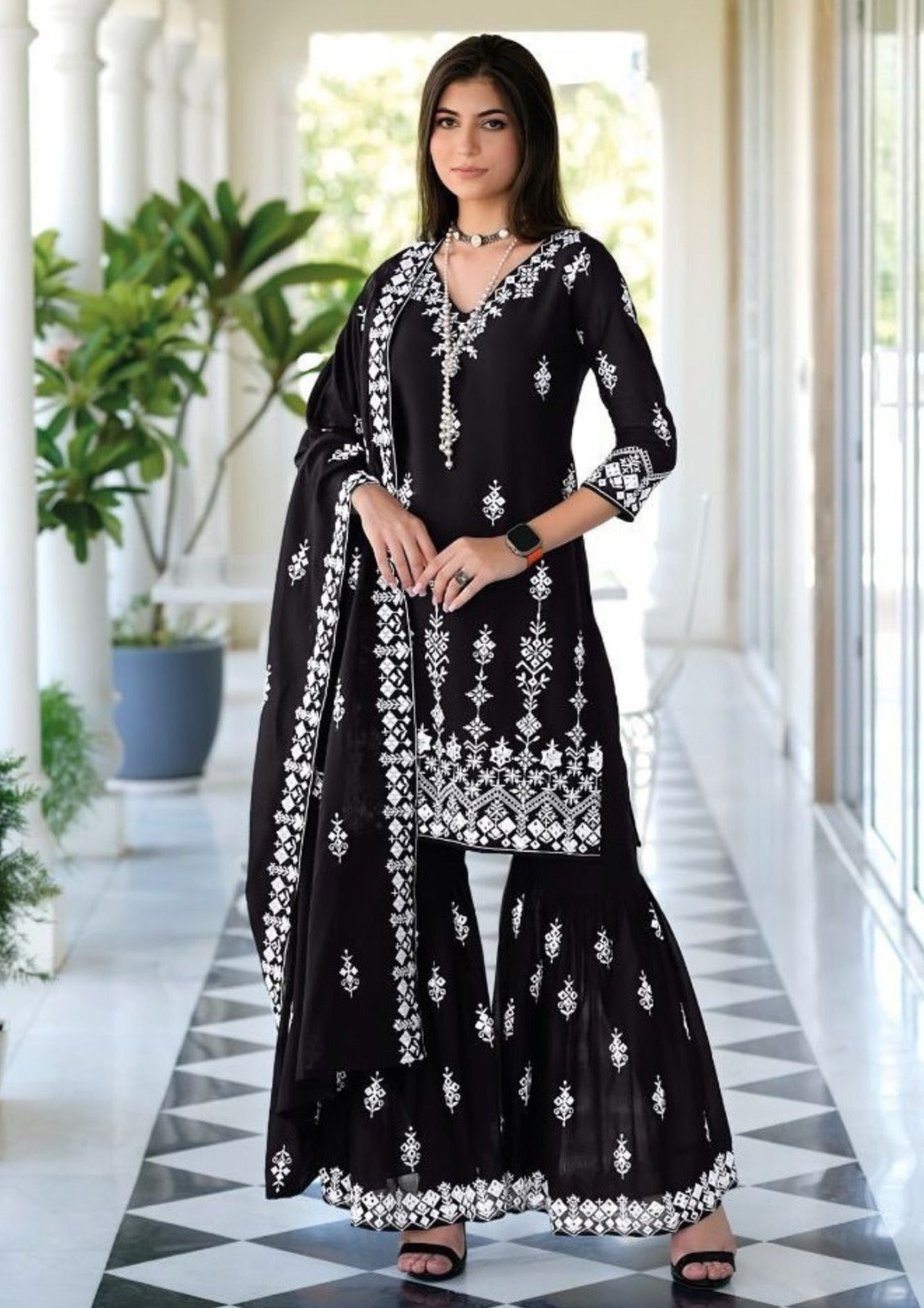 Stylish Black Designer Suit with Sharara & Dupatta - Premium Mal Mal Cotton (D1013) | Perfect for Weddings, Parties & Special Occasions