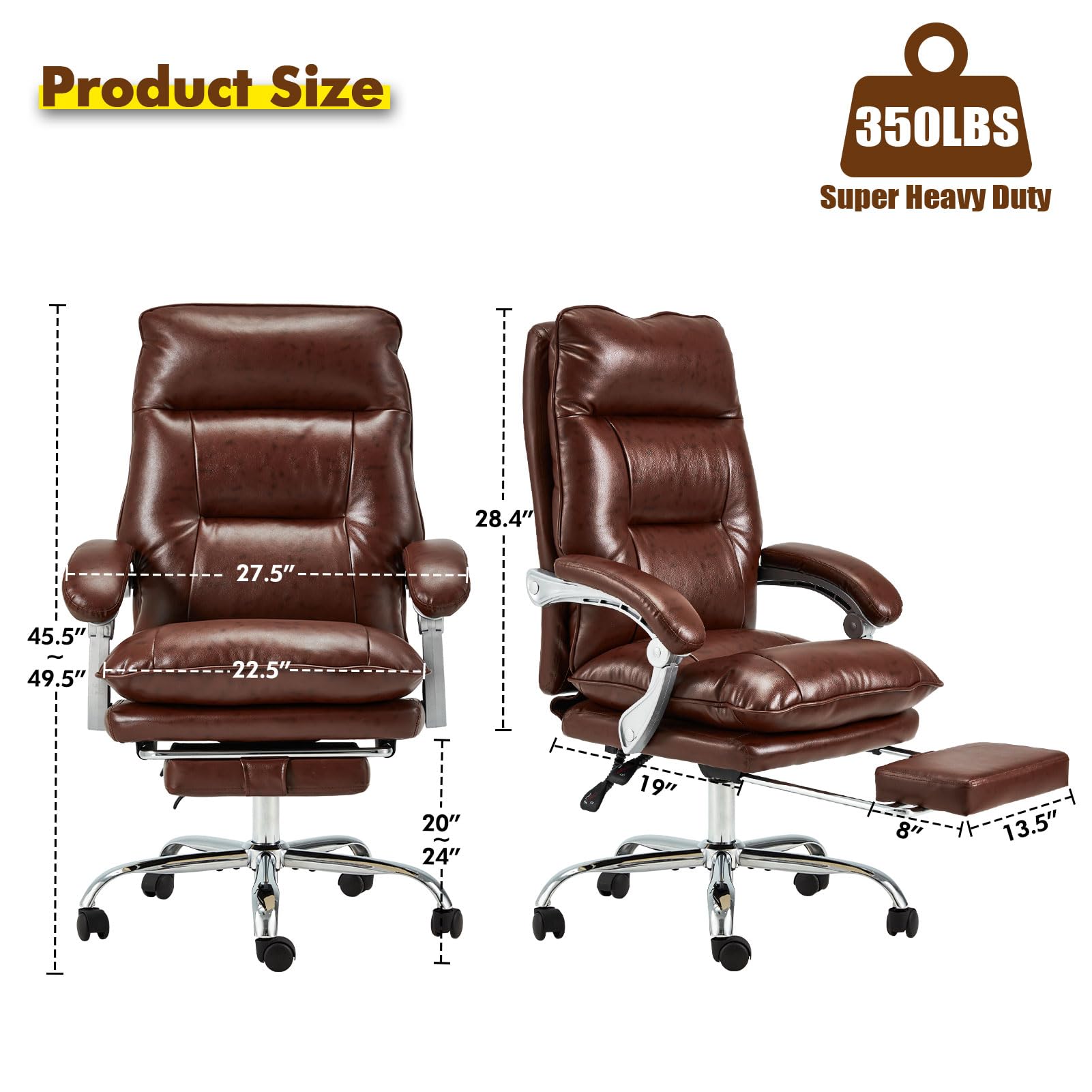 Premium Ergonomic Executive Office Chair with Adjustable Footrest & Reclining Back - 350 lbs Weight Capacity - Big & Tall PU Leather Computer Gaming Chair for Home Office & Workspace - Linkage Armrests for Ultimate Comfort