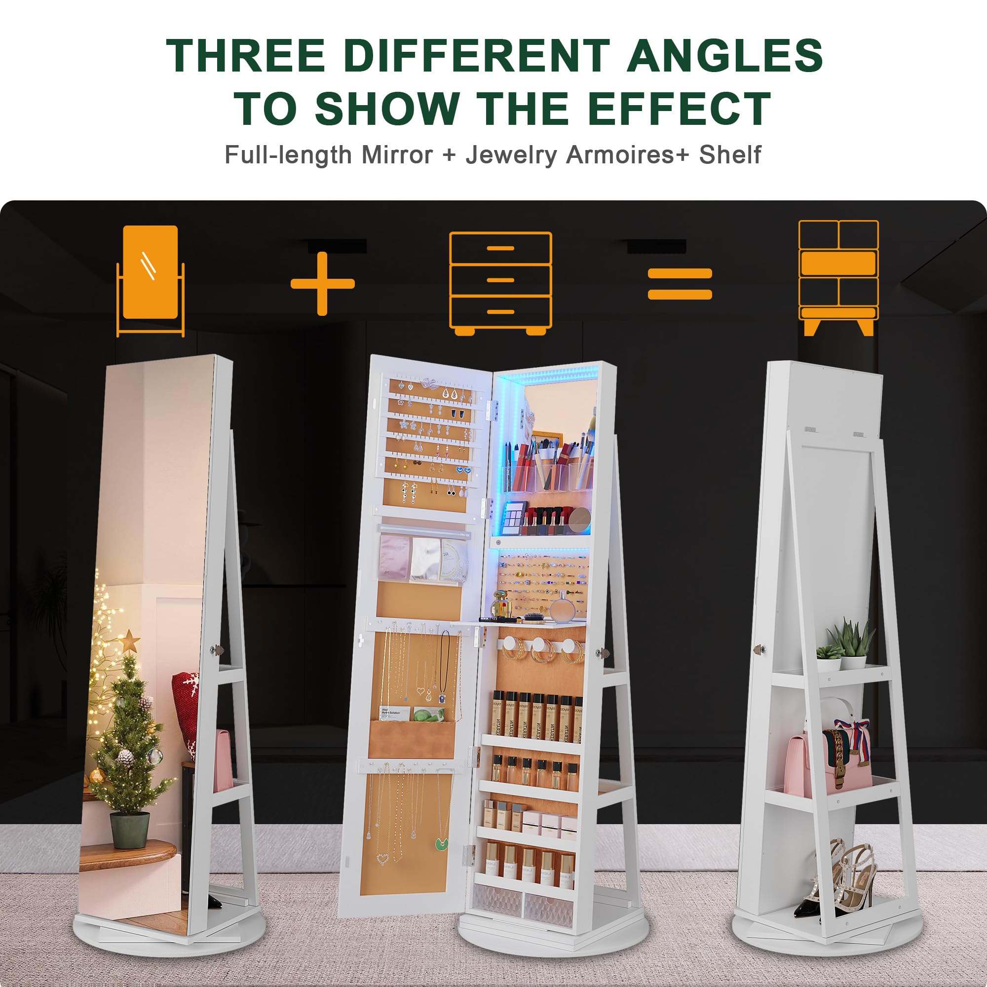 HNEBC 360° Swivel Jewelry Cabinet with LED Lights - Standing Jewelry Armoire Organizer with Full Length Mirror & Lockable Storage - Rotatable Jewelry Mirror for Bedroom, Closet, or Dressing Room (White)