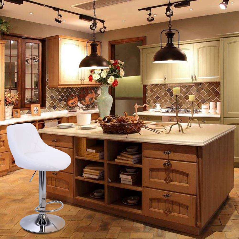 Modern PU Leather Hydraulic Adjustable Bar Stools with Back - Set of 2 White Kitchen Counter Stools for Dining Room, Home Bar & Breakfast Nook