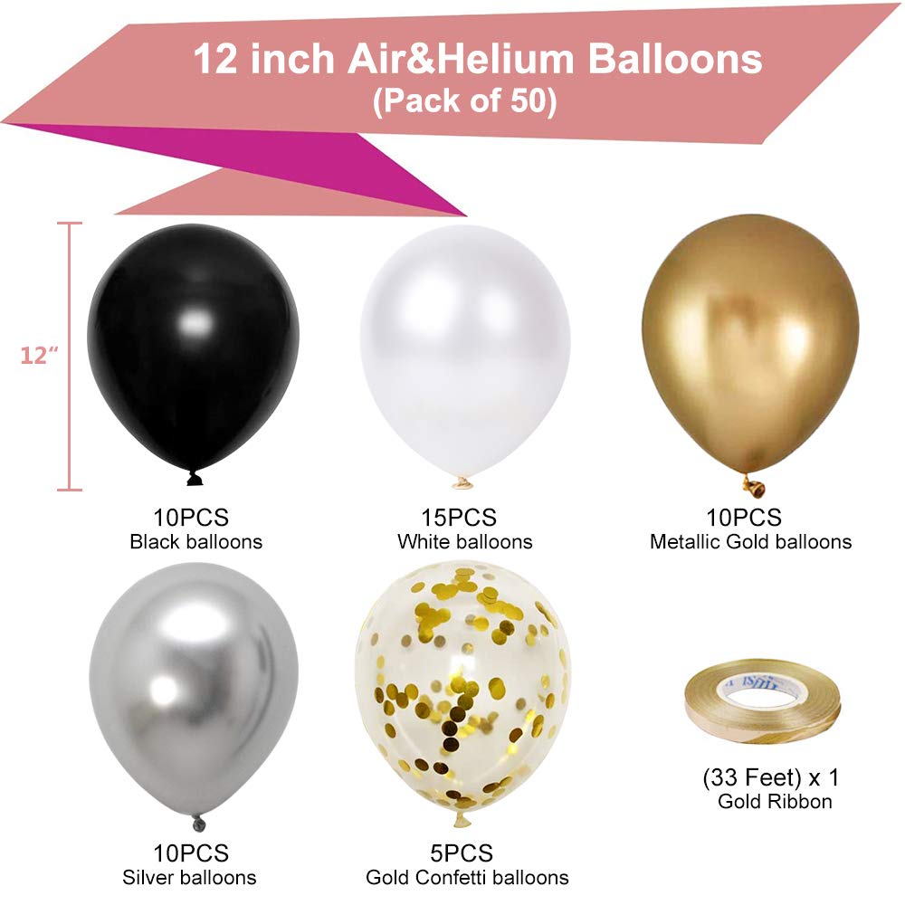 50pcs 12 Inch Black Gold Silver Metallic Latex Balloons with Ribbon - Premium Thick Confetti Party Balloons for Wedding, Birthday, Baby Shower Decorations - Perfect for Anniversary Celebrations, Graduation Parties & Holiday Events
