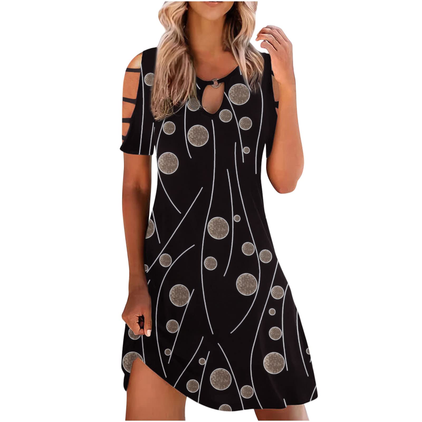 BmkBWO Women's Summer Floral Print Cold Shoulder T-Shirt Dress - Casual Crewneck Hollow Flowy Shift Short Dress for Beach, Vacation & Outdoor Activities 2022