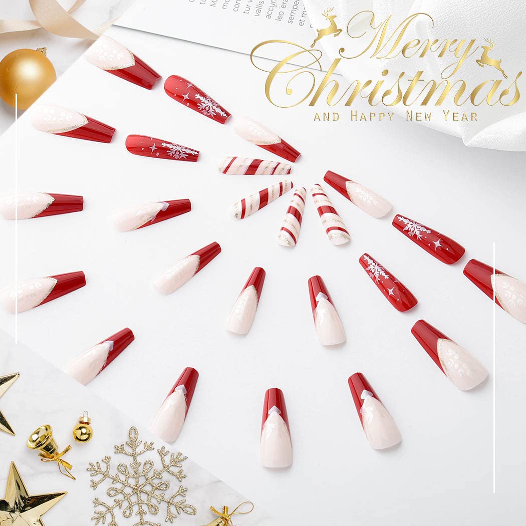 Uranian Christmas Press on Nails - 24pcs Long Red Coffin Fake Nails with Snowflake, Stripes & Santa Claus Designs | Glossy Glitter Stick on Nails for Women & Girls | Full Cover French Tip Acrylic Nails for Holiday Parties, Gift Giving & Festive Nail Art