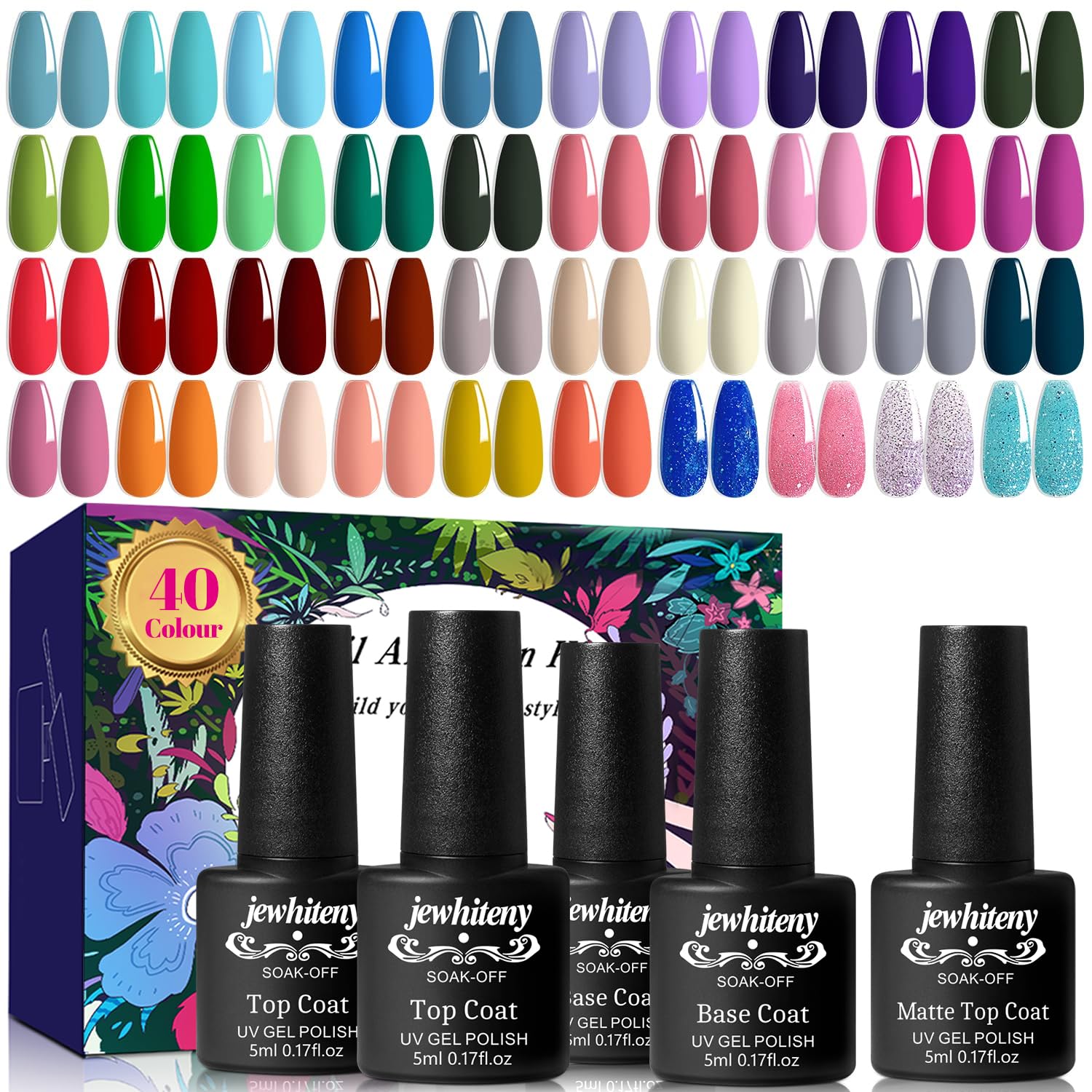 JEWHITENY 45 Pcs Gel Nail Polish Kit - Soak Off UV LED Nail Lamp, 2 Glossy & Matte Top Coats, 2 Base Coats | Professional Manicure Starter Set for Women | Perfect for Home Nail Salon & DIY Nail Art