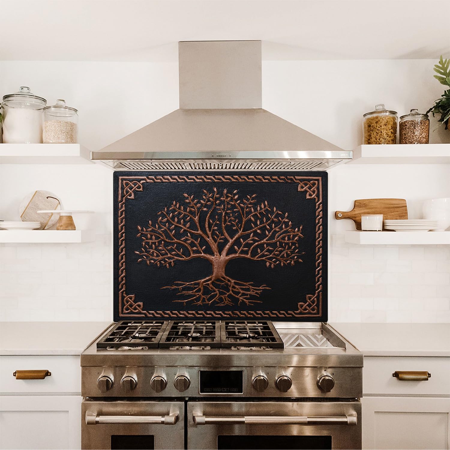 Handmade Custom Copper Backsplash Panel - Tree with Roots & Celtic Border Design - Indoor & Outdoor Kitchen Wall Decor - Durable & Stylish Backsplash Tile for Home & Restaurant Use (Black)