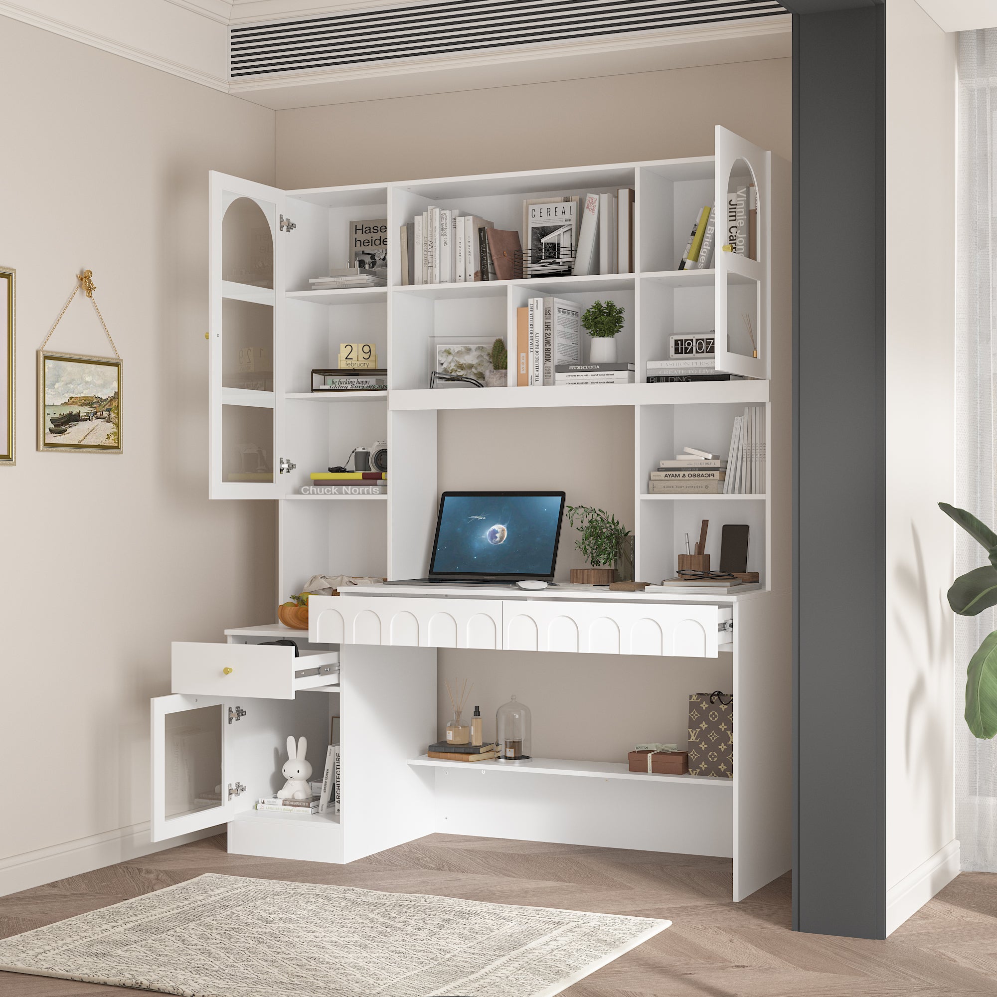 Modern Home Office Desk with Hutch - Sturdy Wooden Computer Writing Table with Storage Shelves for Study, Work, or Craft Room