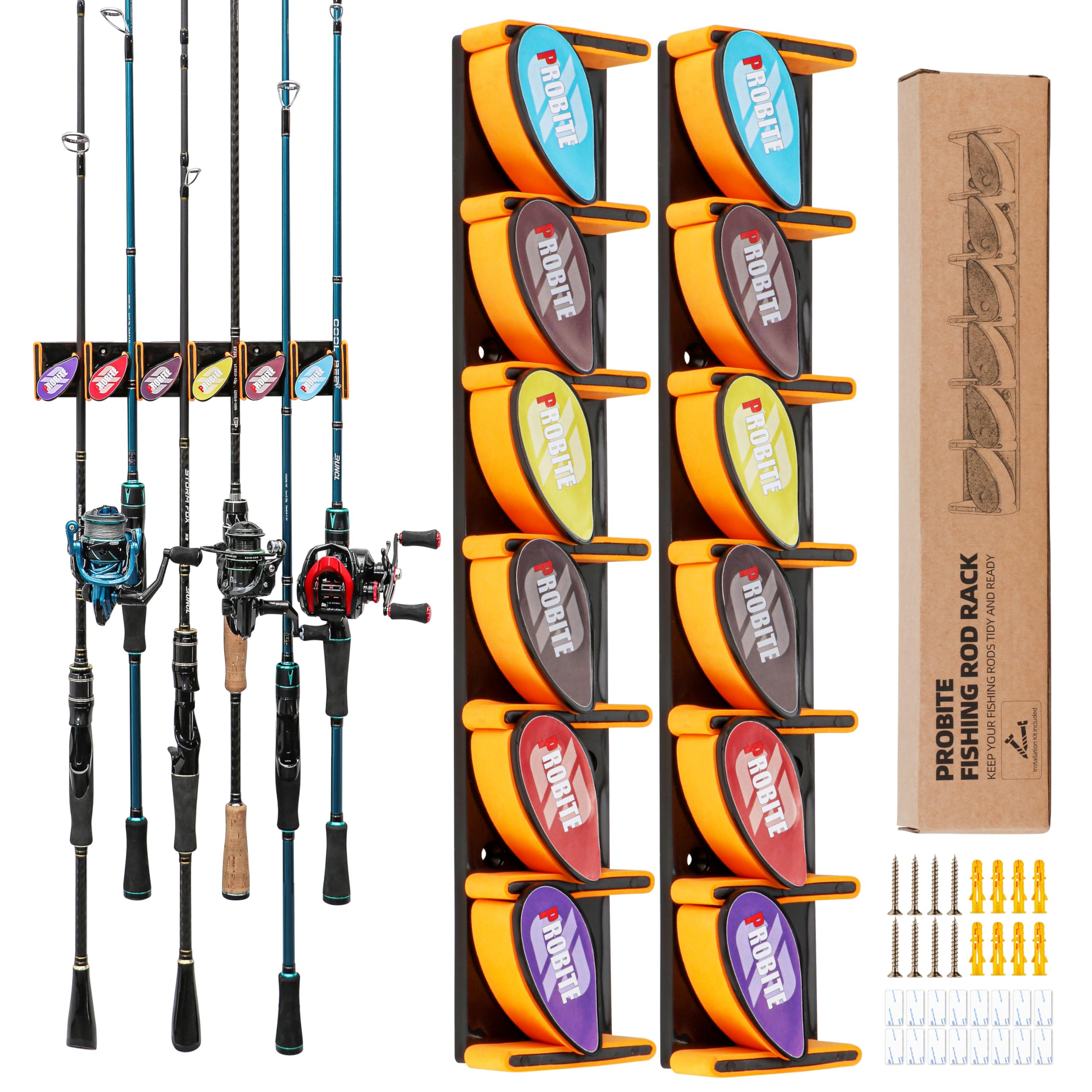 Wall Mounted Fishing Rod Holder for Garage - Horizontal & Vertical Fishing Rod Rack with Soft EVA Protective Pad - Holds 6 Rods or Combos - Universal Fit for Most Fishing Poles - Perfect for Garage, Boat, RV & Outdoor Storage