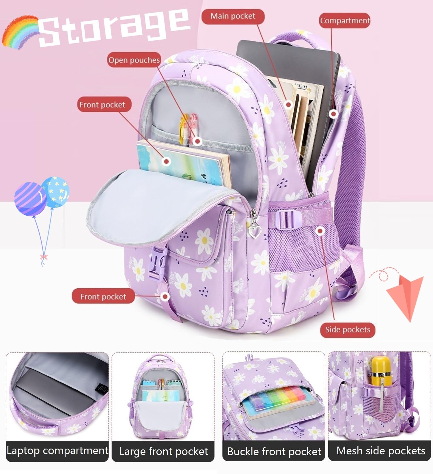 **Daisy Print Backpack for Girls - Cute Pink School Backpack for Elementary & Middle School - Lightweight & Durable Kids Backpack for Daily Use, Travel & Outdoor Activities**