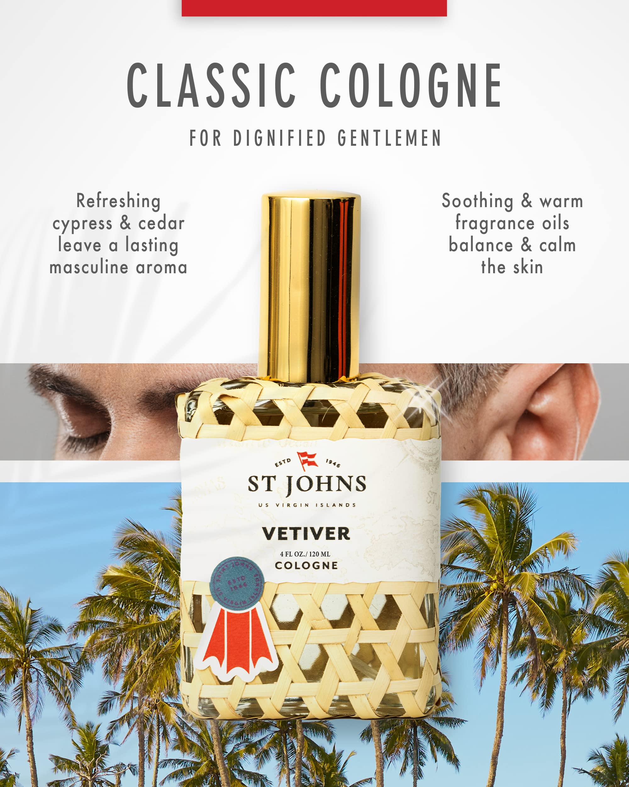 St. John Classic Vetiver Cologne for Men – Virgin Islands Inspired Fresh Scent, Sophisticated Fragrance (4 oz Spray) – Perfect for Daily Wear, Office & Special Occasions