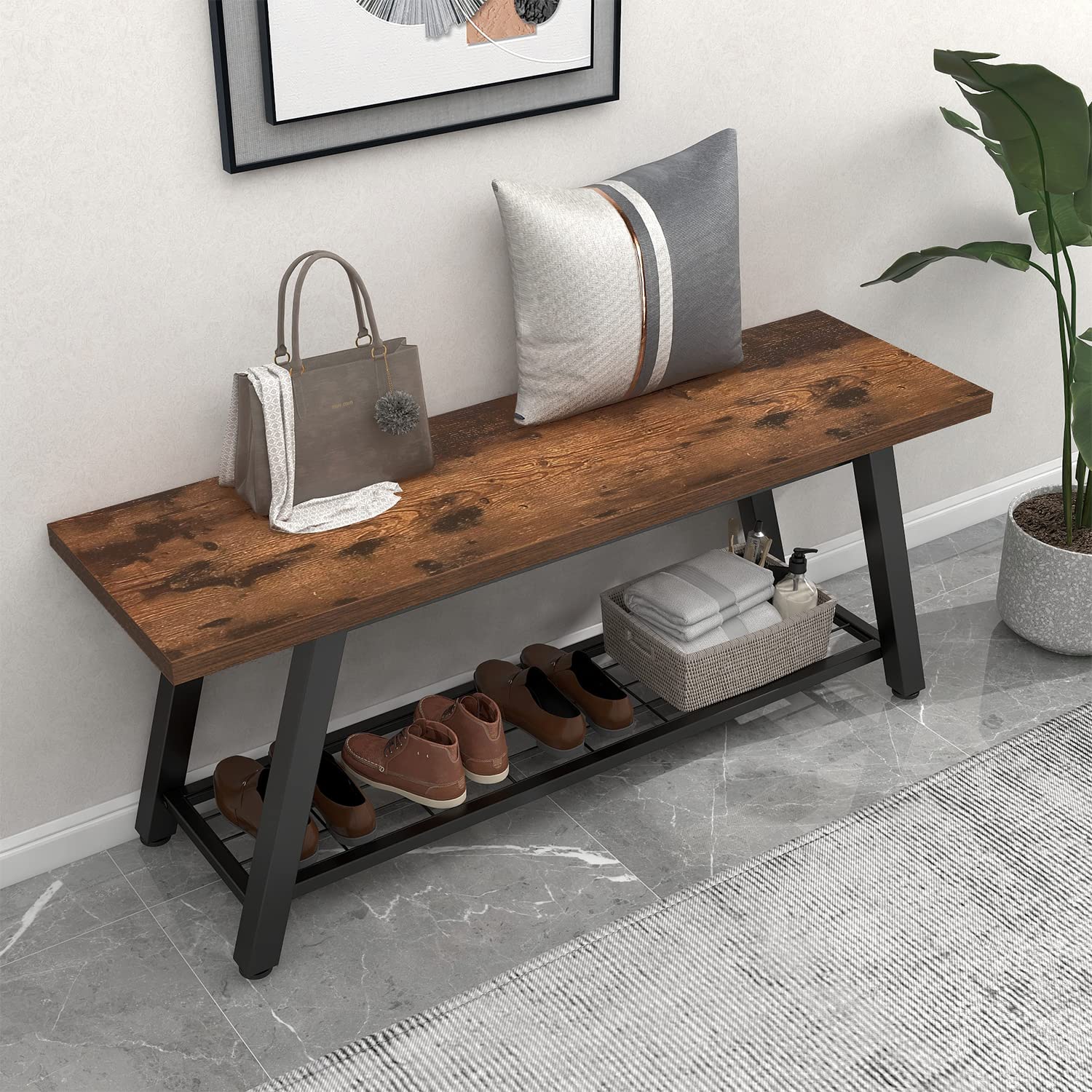 Industrial Rustic Wooden and Metal Storage Bench - Entryway Shoe & Boot Organizer, Long Hallway Seat for Bedroom, Farmhouse Style (Retro Brown) - Perfect for Mudrooms, Living Rooms & Small Spaces