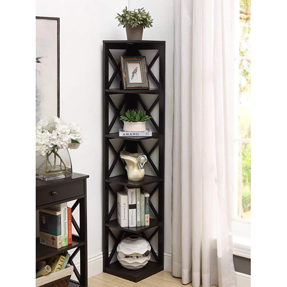 Convenience Concepts Oxford 5-Tier Corner Bookcase in Black - Space-Saving Bookshelf for Living Room, Office & Bedroom Organization