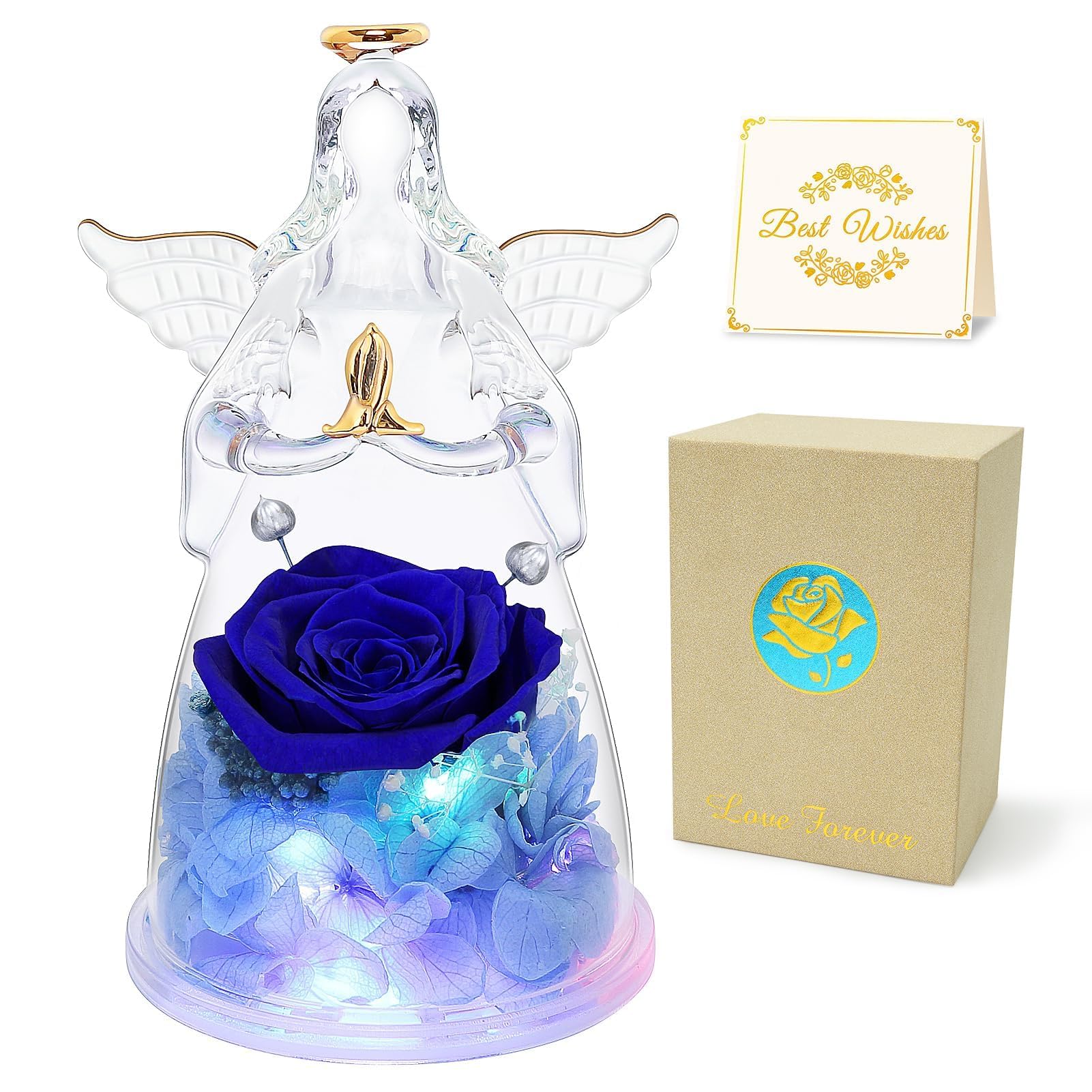 Childom Preserved Blue Rose in Glass Angel - Unique Valentine's Day, Birthday & Anniversary Gifts for Women, Wife & Mom | Romantic Home Decor & Special Occasion Present