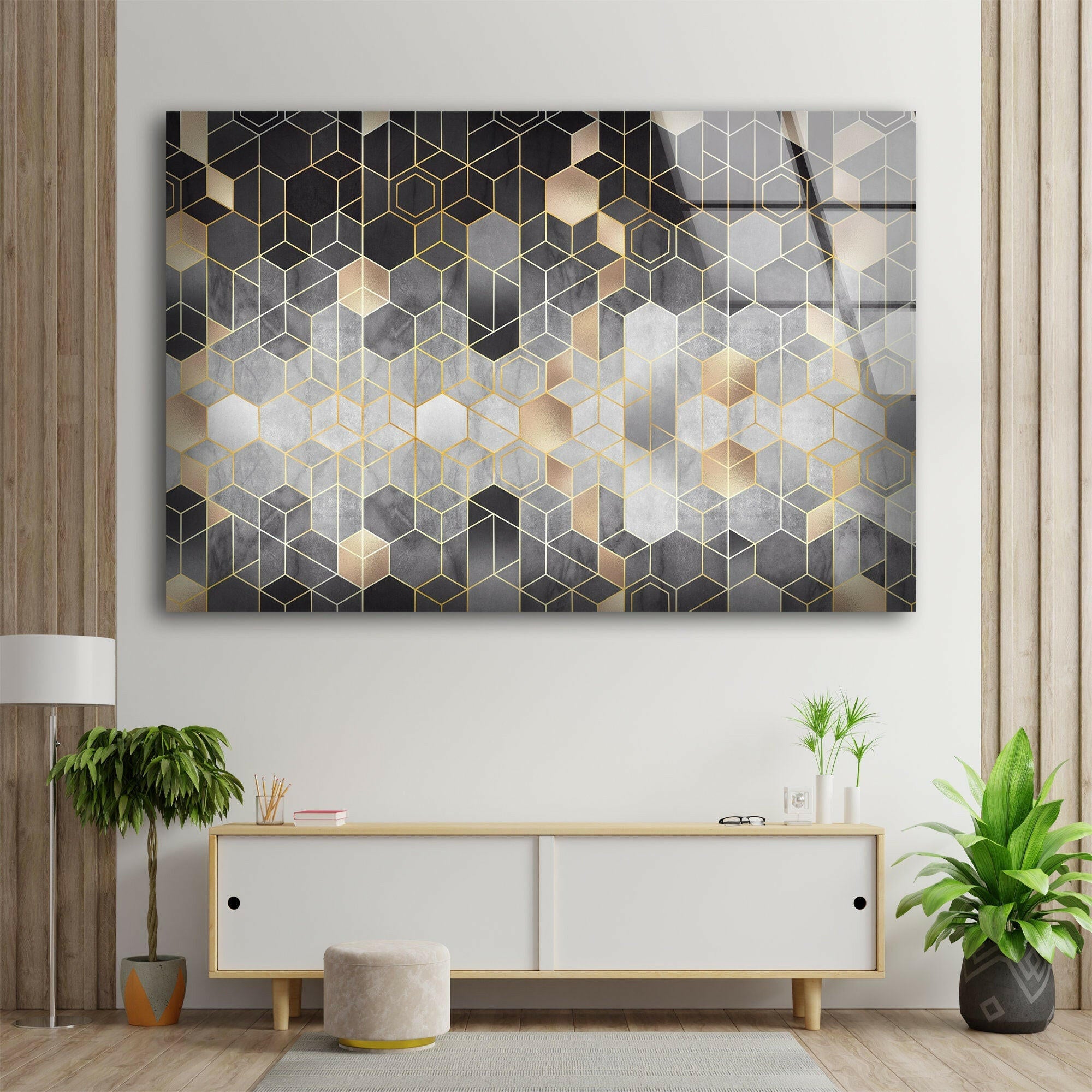 Modern Black Hexagon Glass Wall Art Decor - Geometric Stained Glass Mosaic for Living Room, Bedroom & Office