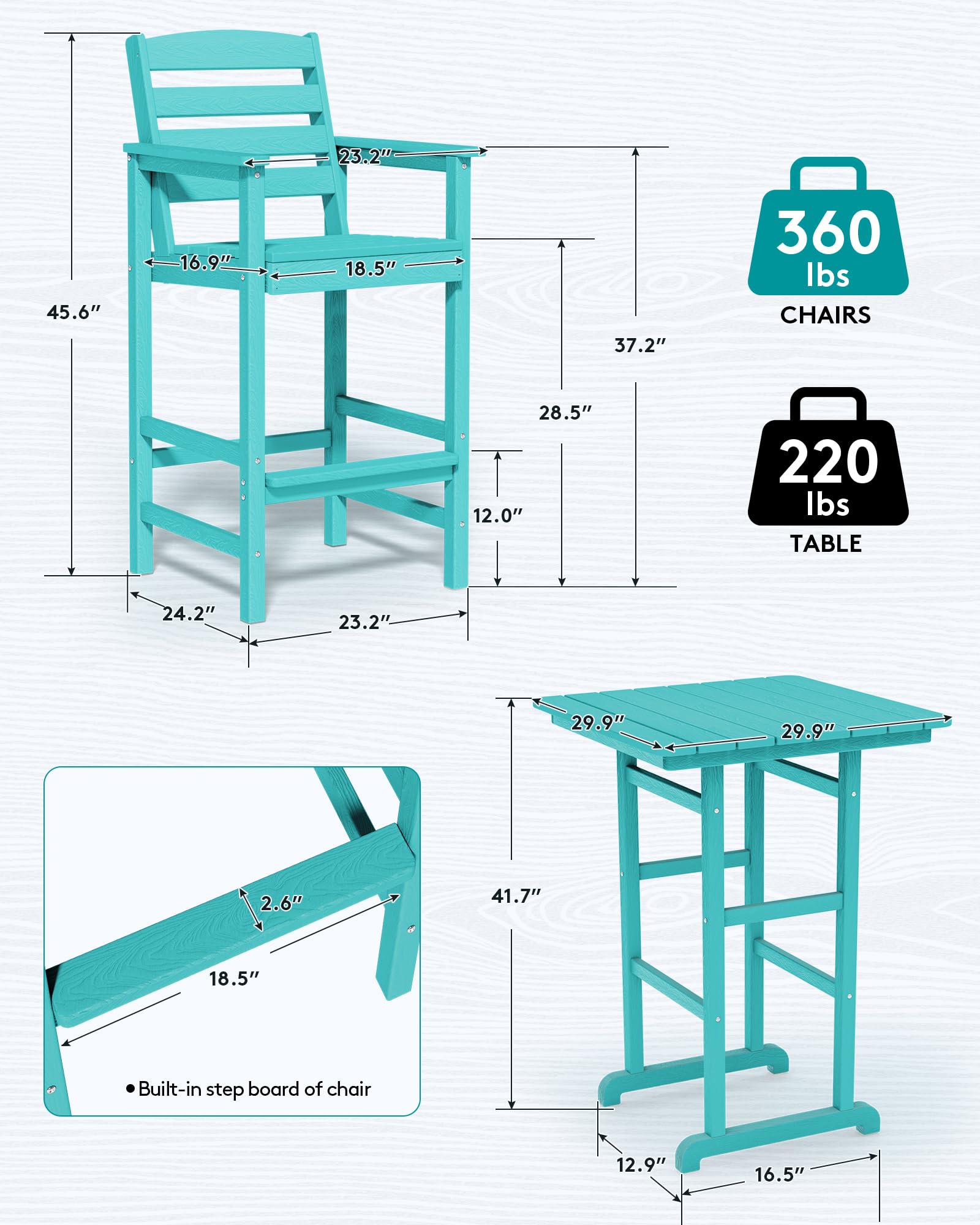 SERWALL 3-Piece Balcony Adirondack Chair and Table Set - 2 Bar Height Chairs & Bar Table, Outdoor Bistro Stools for Poolside, Backyard, Patio, Garden - Durable Weather-Resistant Furniture for Relaxing & Entertaining
