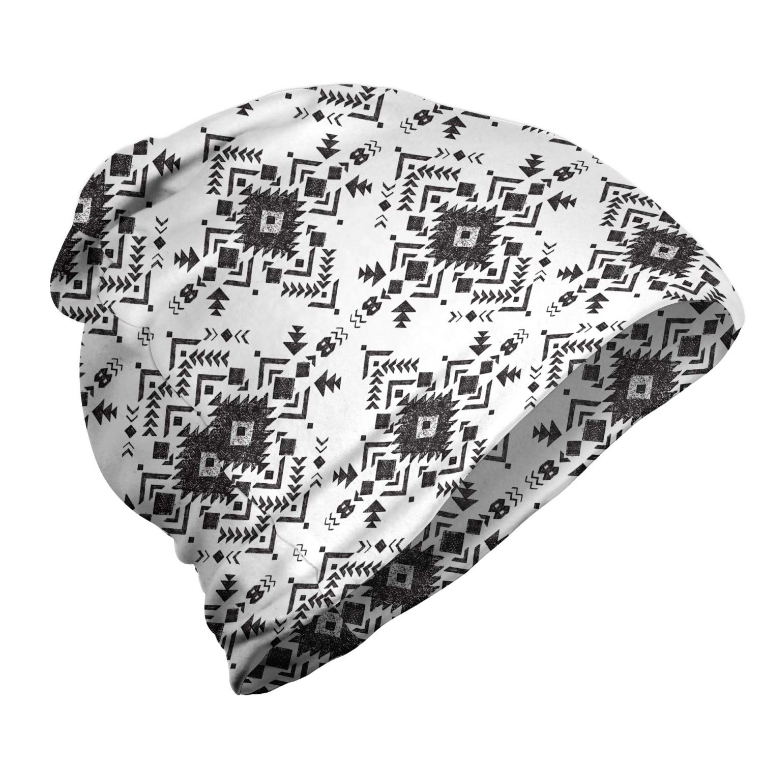Ambesonne Unisex Beanie Hat - Monochrome Zigzag Pattern, Soft Knit Winter Beanie for Men & Women - Perfect for Hiking, Skiing, and Outdoor Winter Activities