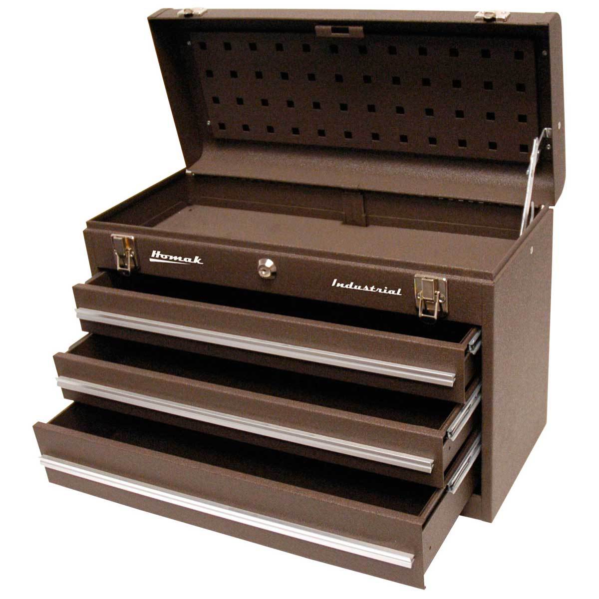 Homak 20-Inch Industrial 3-Drawer Friction Toolbox - Heavy Duty Steel Tool Storage for Garage, Workshop & Job Site - Durable Brown Tool Chest for Mechanics & DIY Projects