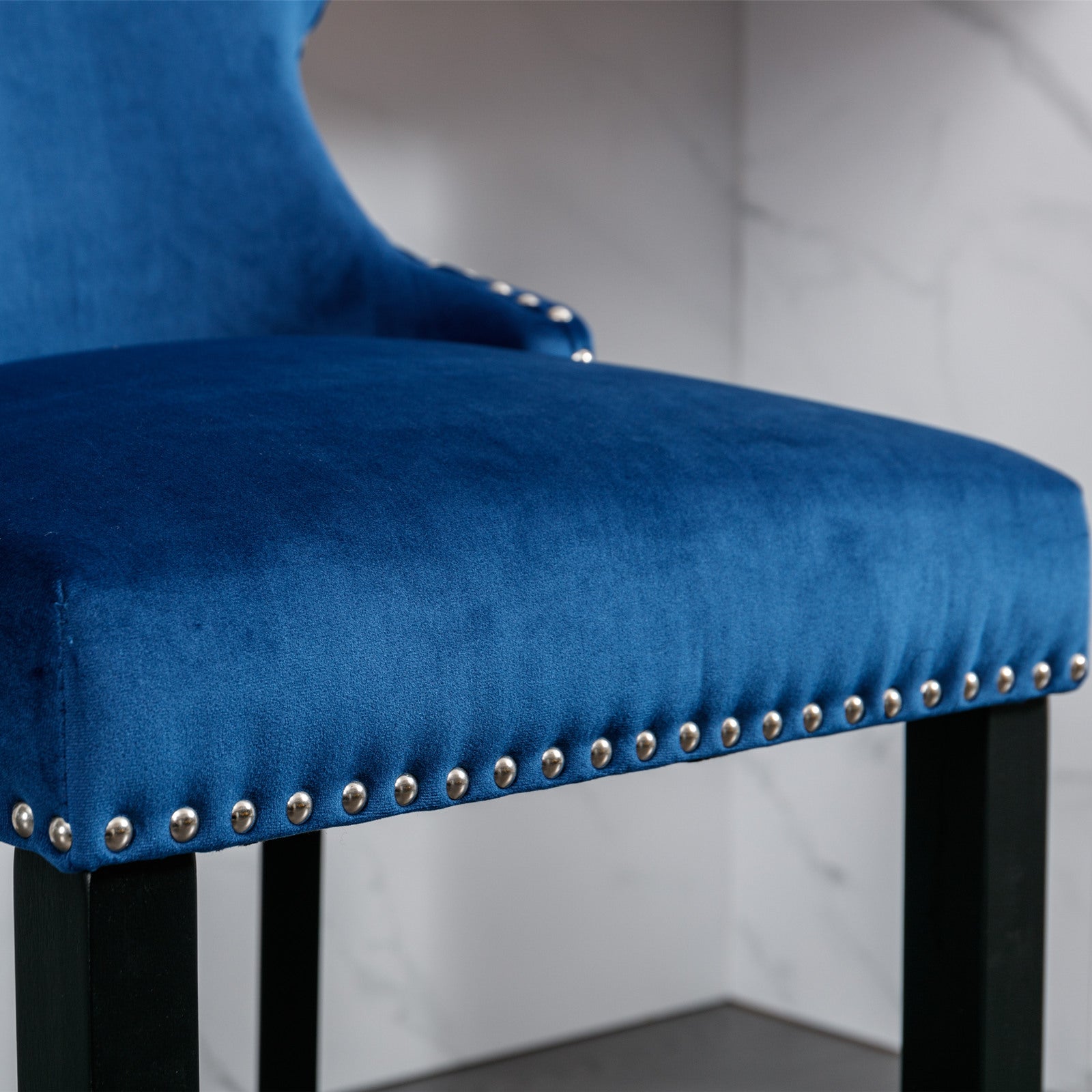 Contemporary Velvet Upholstered Wingback Bar Stools with Button Tufted Design, Wooden Legs & Chrome Nailhead Trim - Set of 4 Blue Bar Chairs (SW1824BL) for Kitchen Island, Breakfast Nook & Home Bar Decor