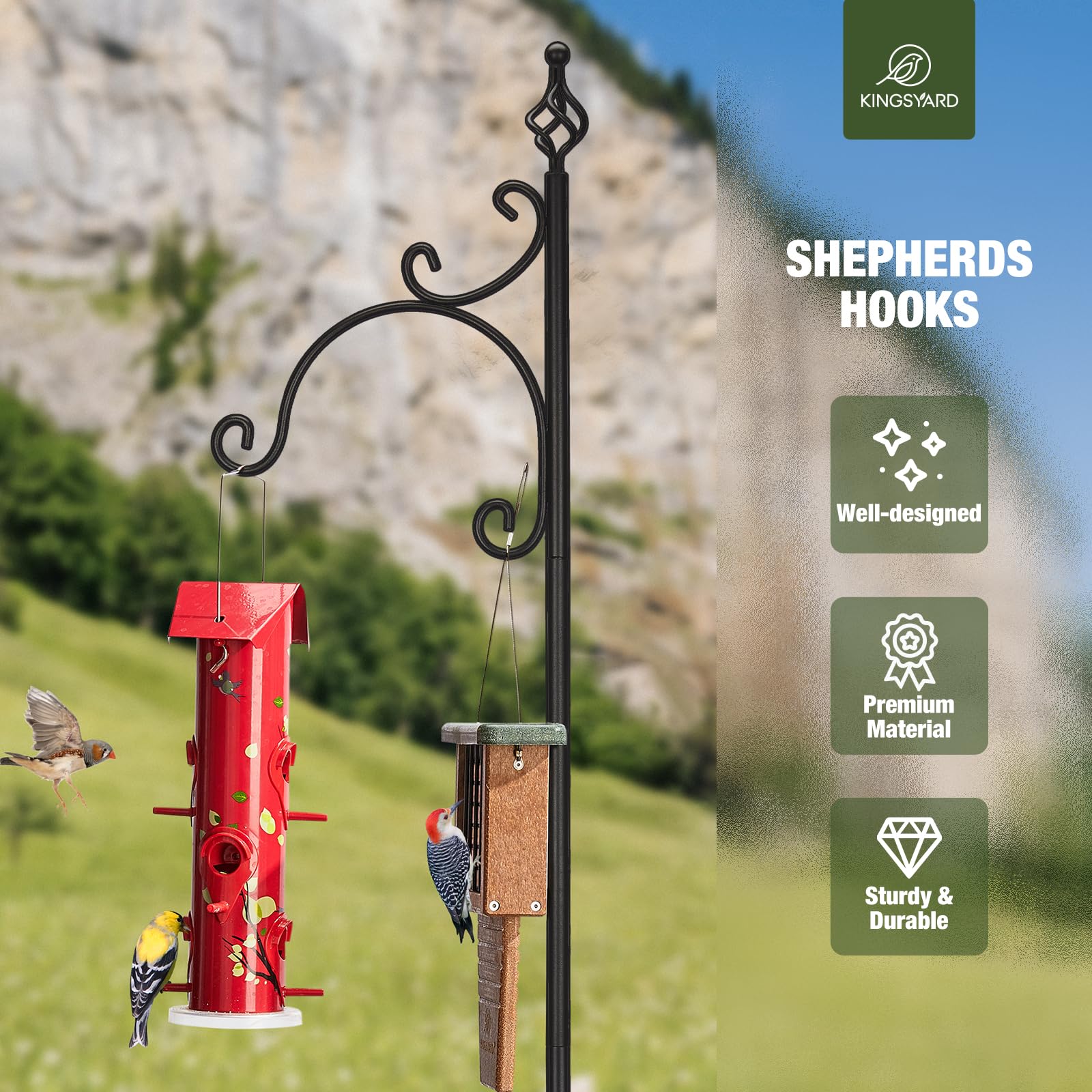 Kingsyard 76 Inch Adjustable Outdoor Shepherds Hook - Heavy Duty Bird Feeder Pole for Hanging Plants, Lanterns & Solar Lights - Perfect for Garden Decor, Wedding & Patio Decoration (Black)