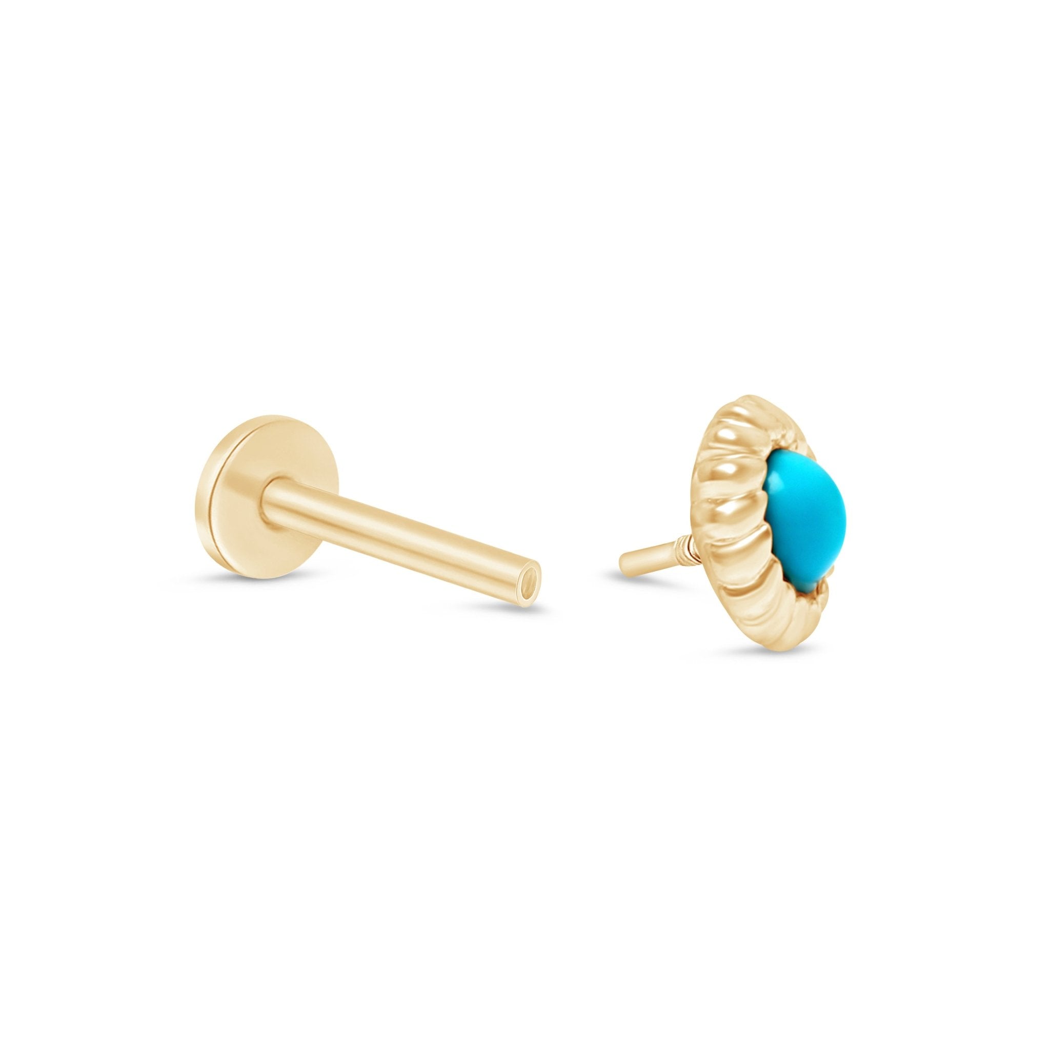 14K Yellow Gold Turquoise Cabochon Stud Earrings - Flat Back Braided Bezel Setting for Women | Perfect for Boho, Western & Everyday Jewelry