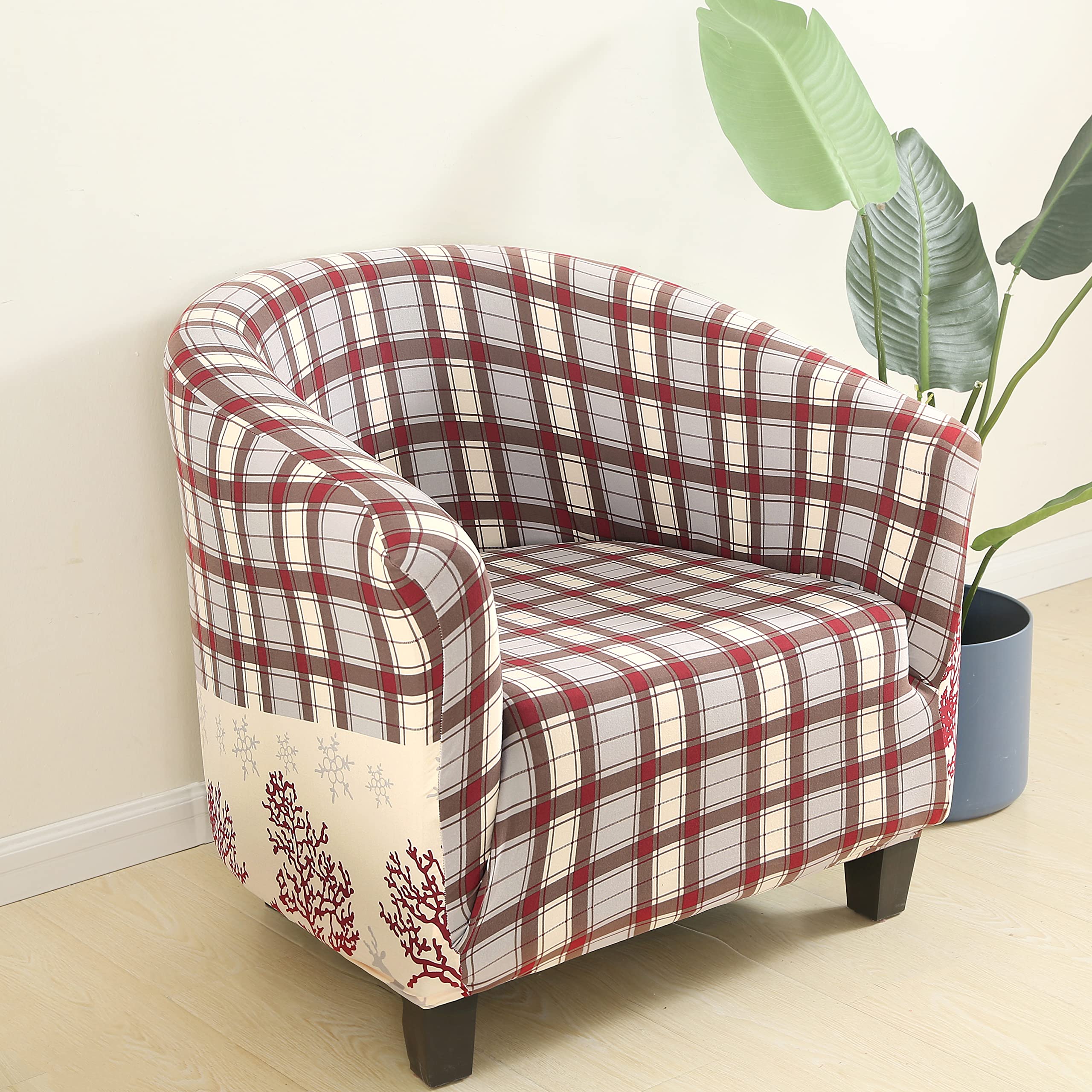 Soft Cozy Plaid Stretch Slipcover for Club Chairs, Barrel Chairs & Armchairs - Durable Furniture Protector Cover in Brown - Perfect for Living Room, Bedroom & Home Office Decor
